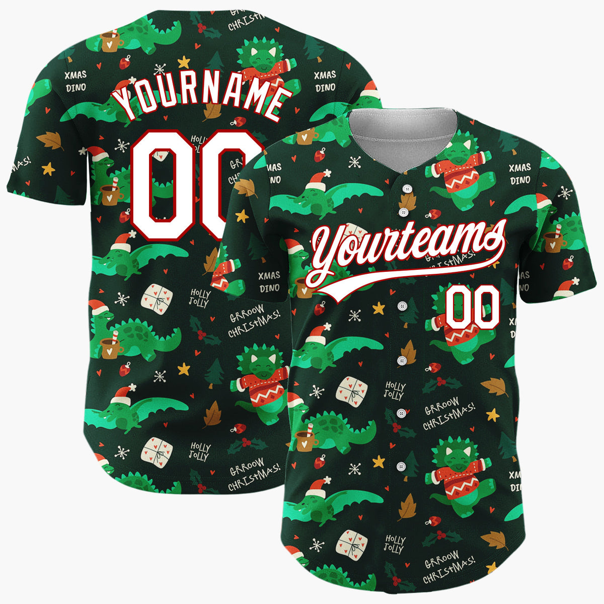 Custom Dark Green  Dinosaurs Gifts And Cocoa Cups Xmas Dino Pattern Christmas Baseball Jersey