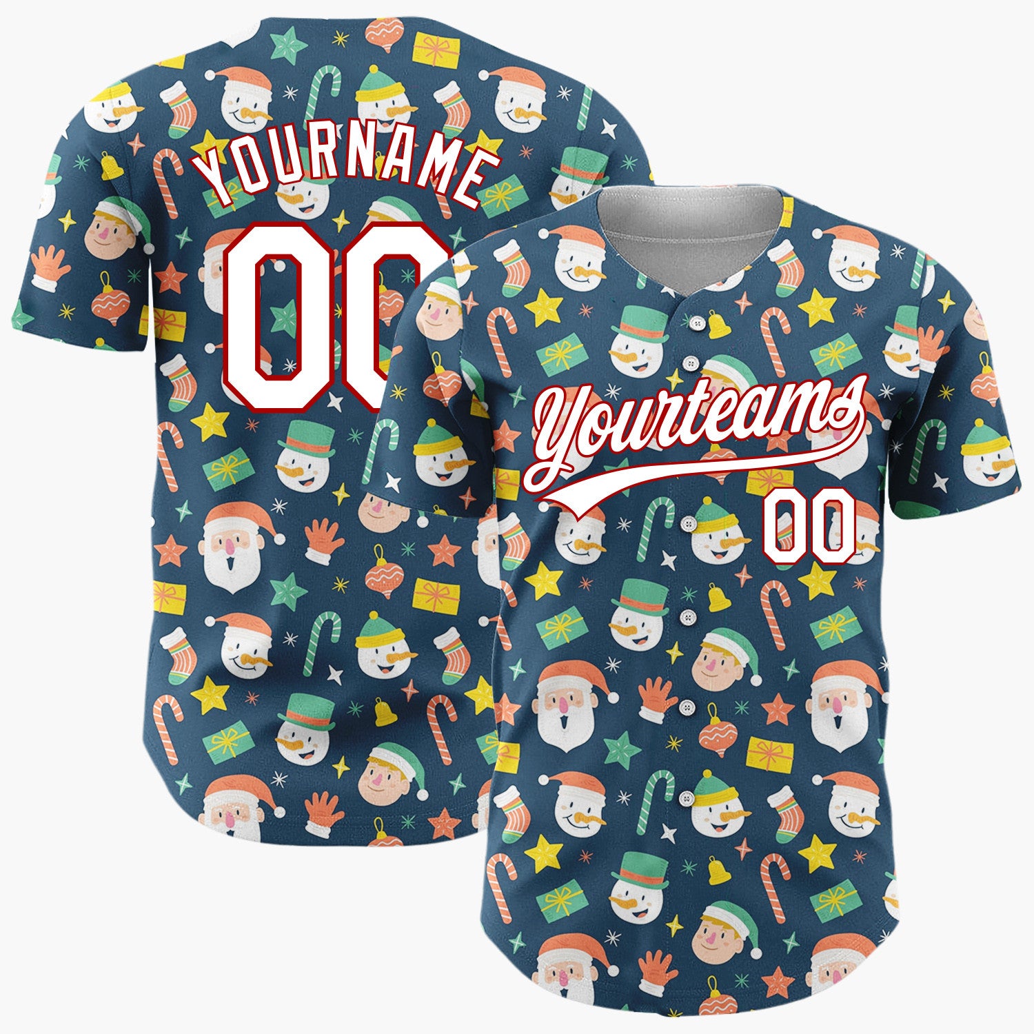 Custom Dark Blue Santa Snowman Christmas Doodles Cartoon Pattern Christmas Baseball Jersey