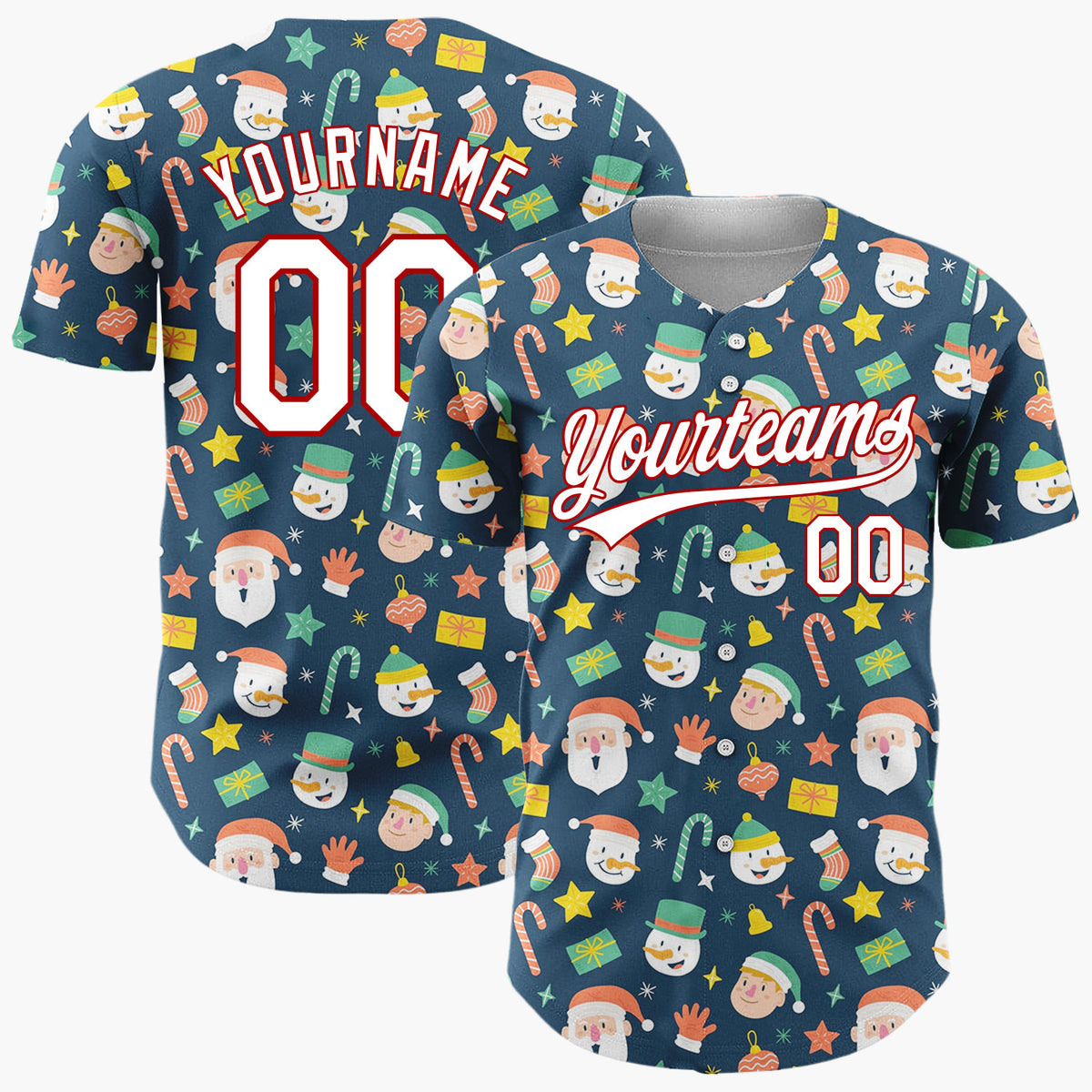 Custom Dark Blue Santa Snowman Christmas Doodles Cartoon Pattern Christmas Baseball Jersey