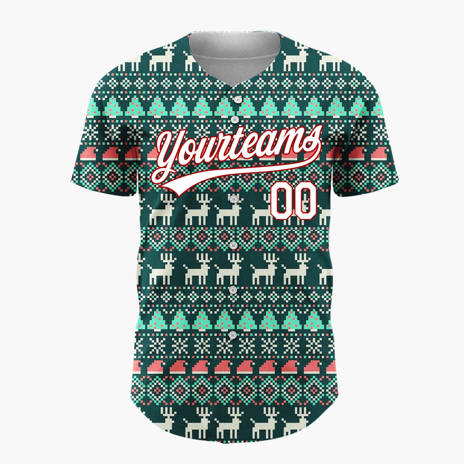 Custom Dark Green Nordic Reindeer And Trees Knitted Christmas Baseball Jersey
