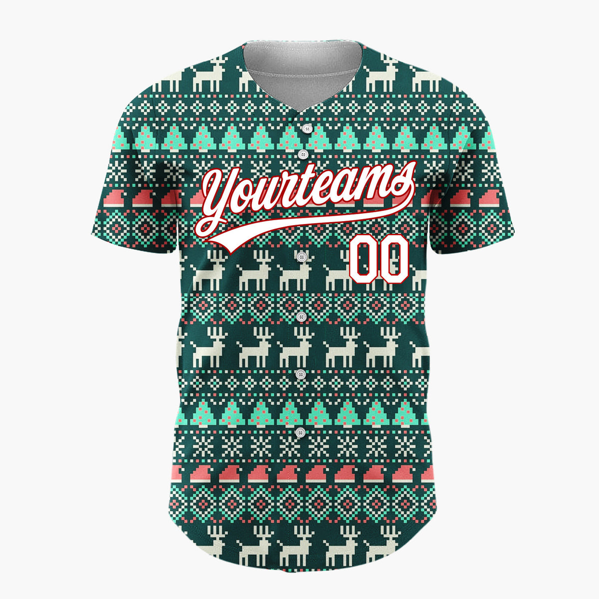 Custom Dark Green Nordic Reindeer And Trees Knitted Christmas Baseball Jersey