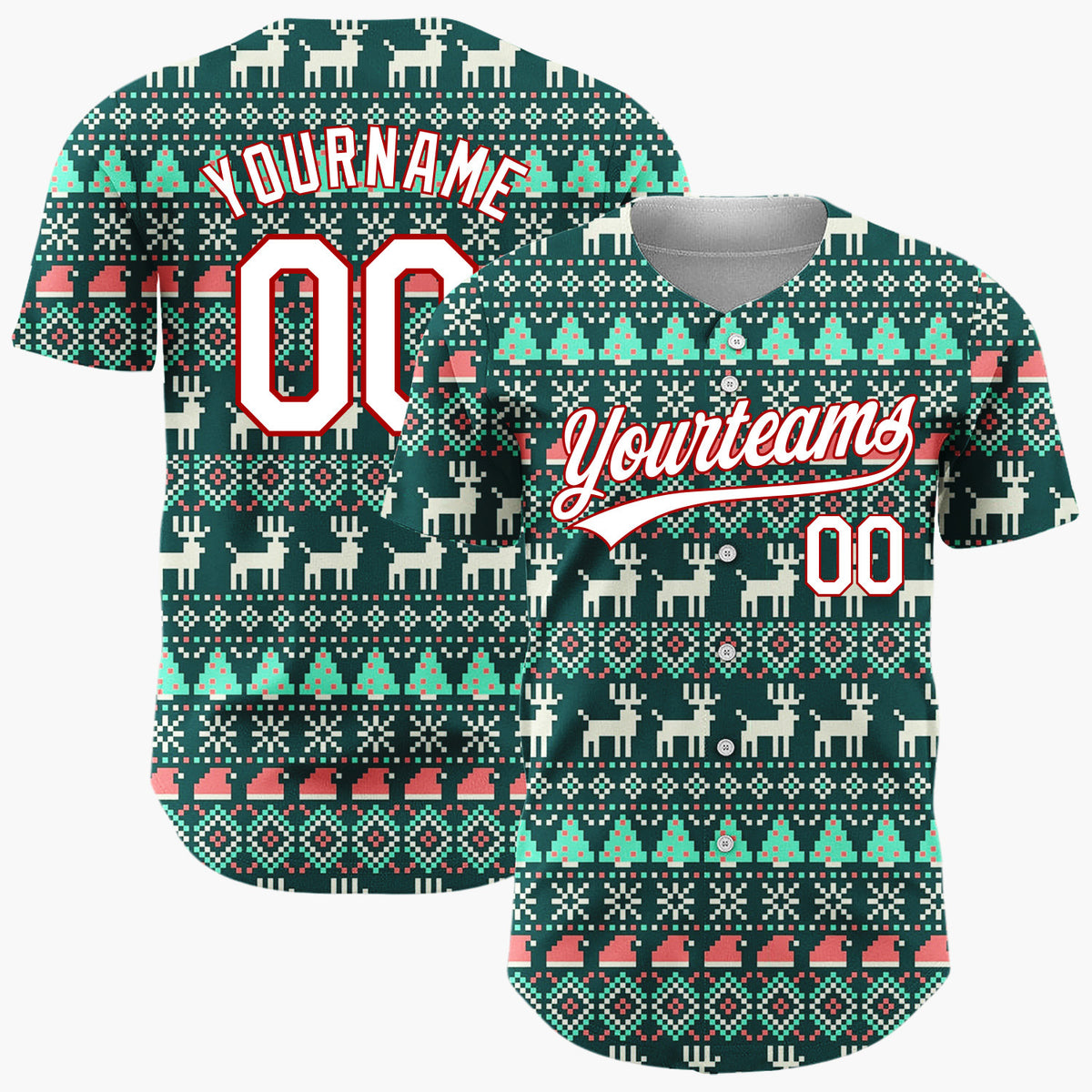 Custom Dark Green Nordic Reindeer And Trees Knitted Christmas Baseball Jersey