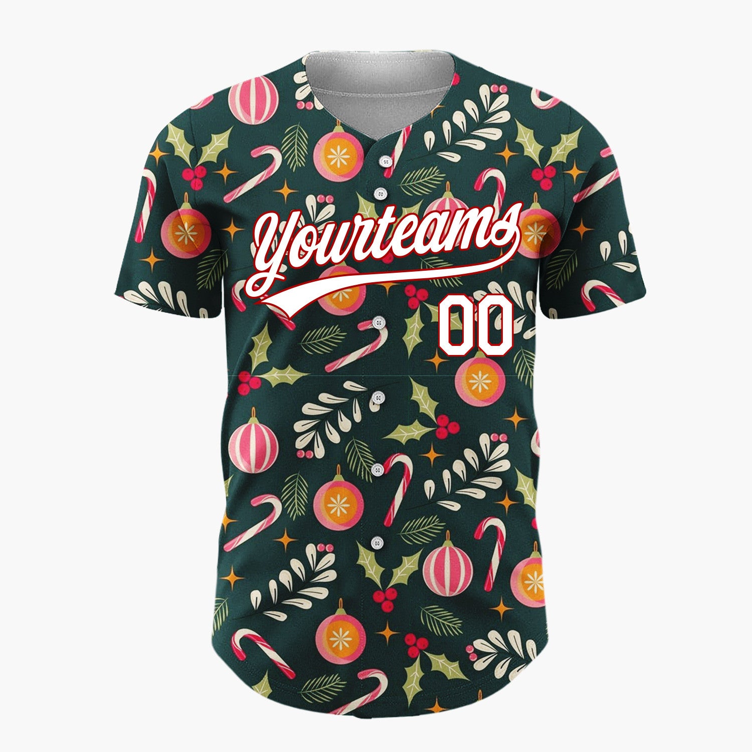 Custom Dark Green Candy Canes Berries Festive Cartoon Pattern Christmas Baseball Jersey