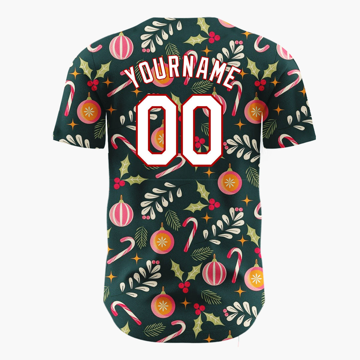Custom Dark Green Candy Canes Berries Festive Cartoon Pattern Christmas Baseball Jersey