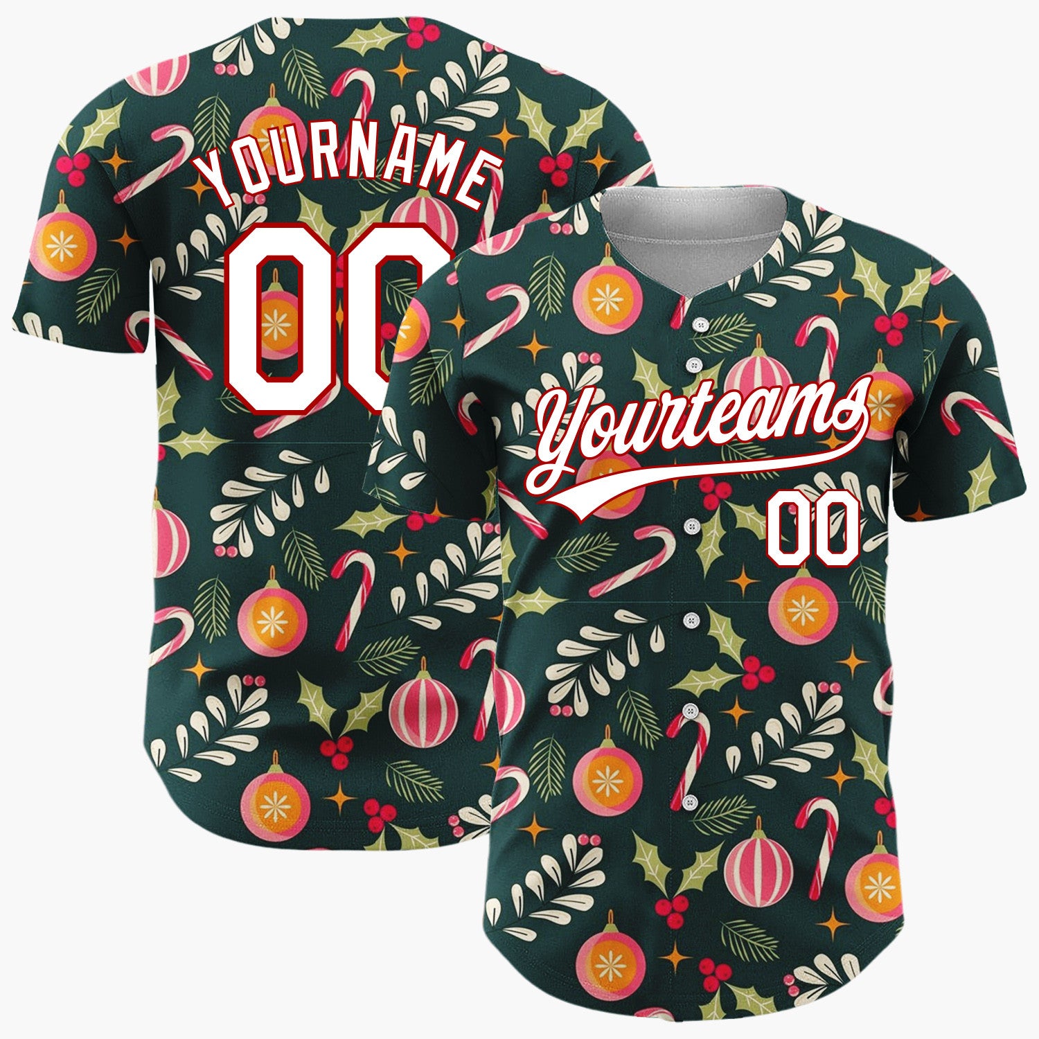 Custom Dark Green Candy Canes Berries Festive Cartoon Pattern Christmas Baseball Jersey