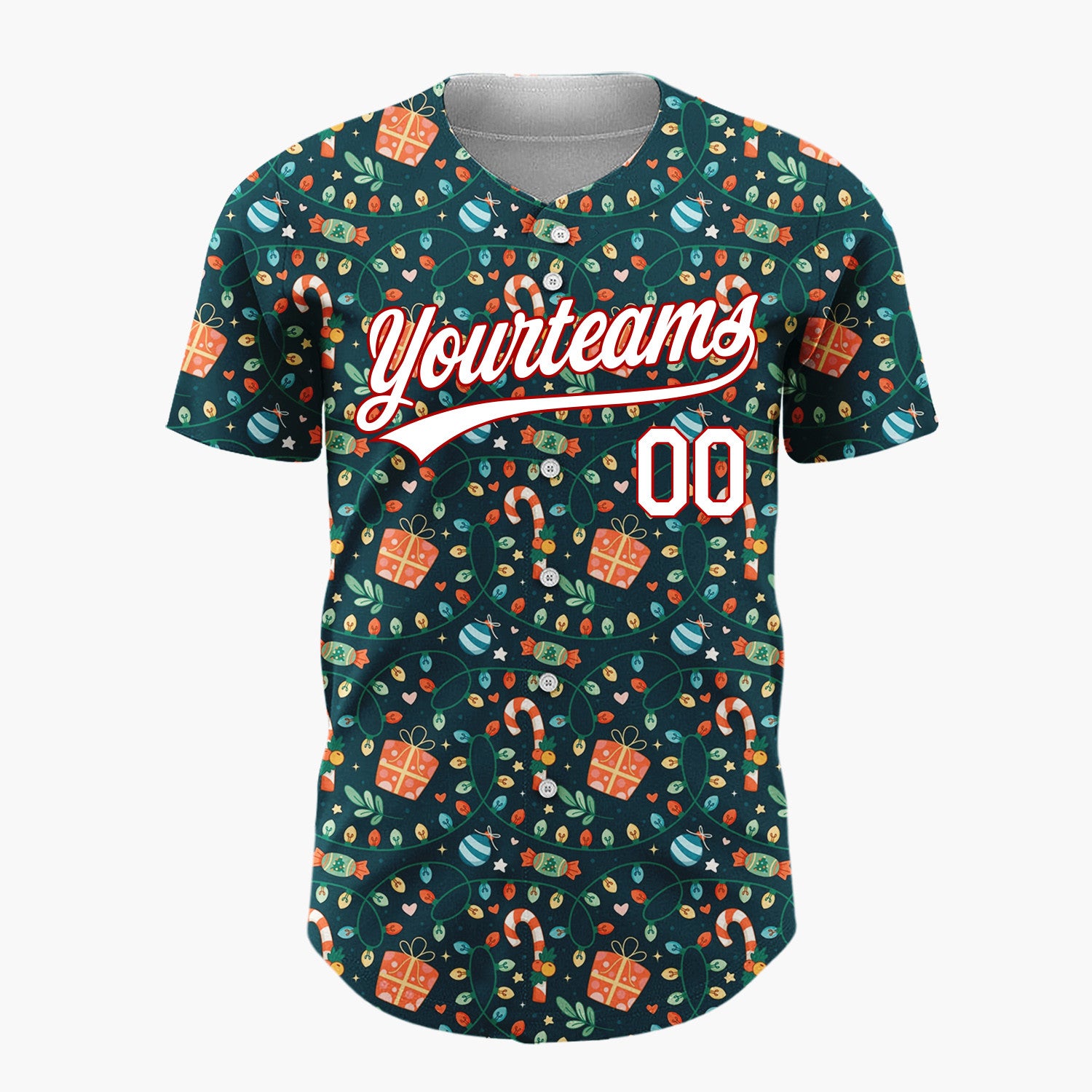 Custom Dark Green Holly Berries Festive Cartoon Pattern Christmas Baseball Jersey