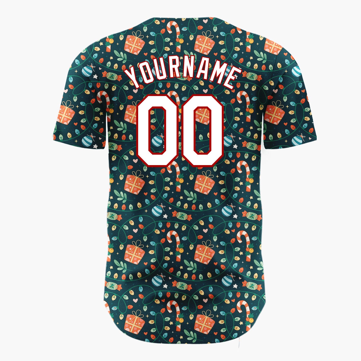 Custom Dark Green Holly Berries Festive Cartoon Pattern Christmas Baseball Jersey