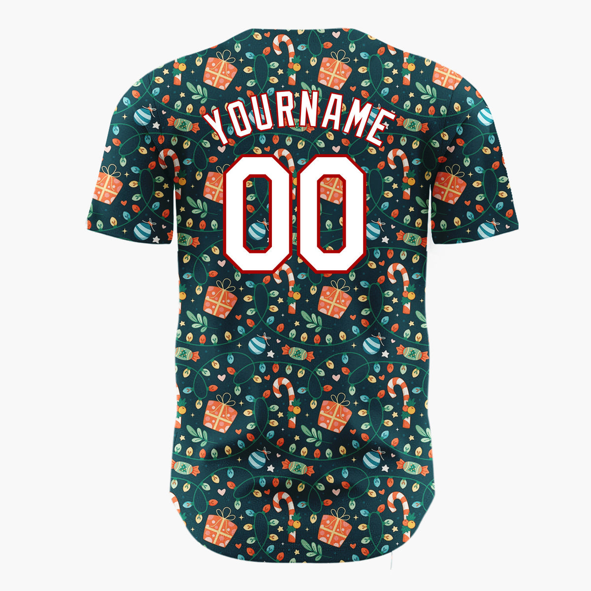 Custom Dark Green Holly Berries Festive Cartoon Pattern Christmas Baseball Jersey