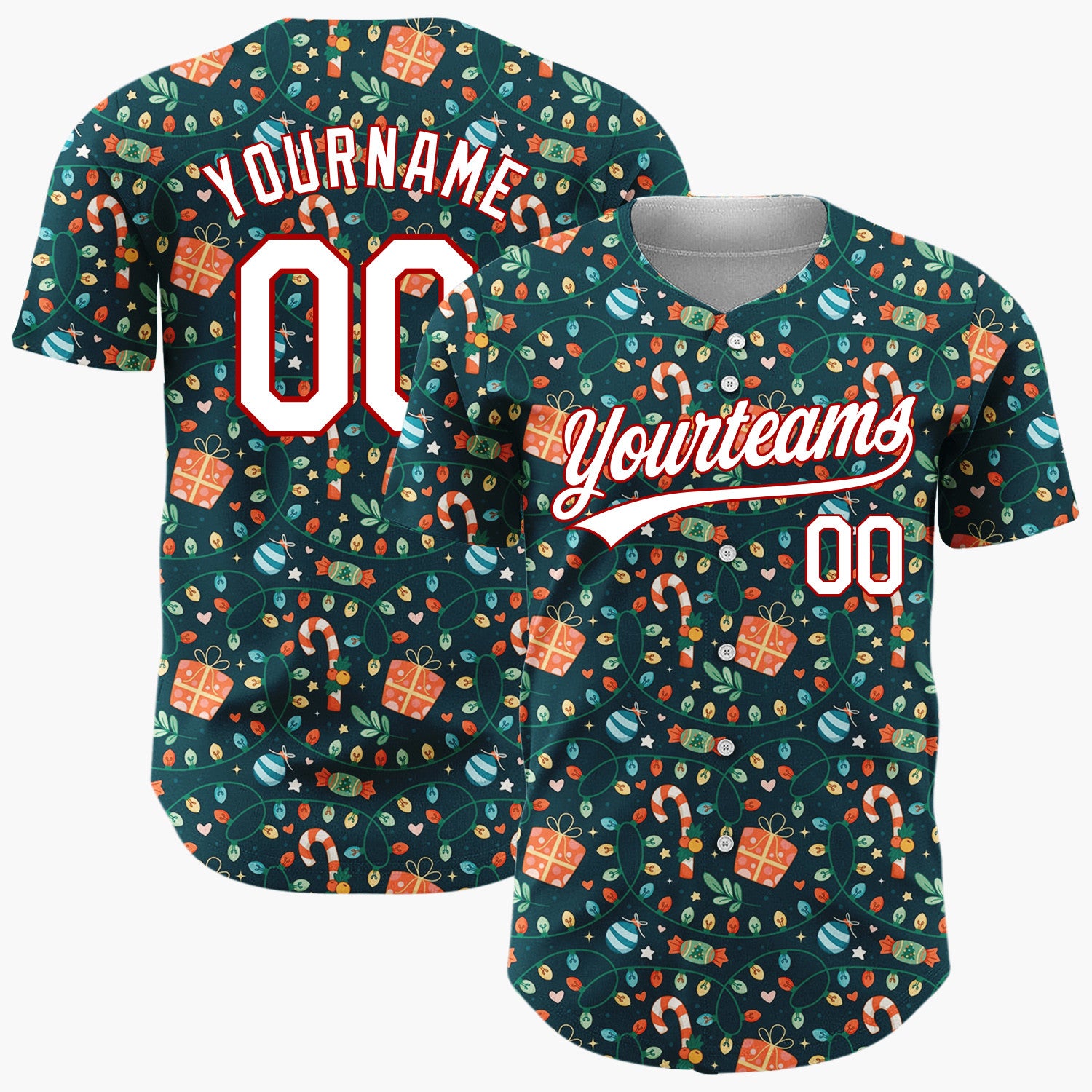 Custom Dark Green Holly Berries Festive Cartoon Pattern Christmas Baseball Jersey