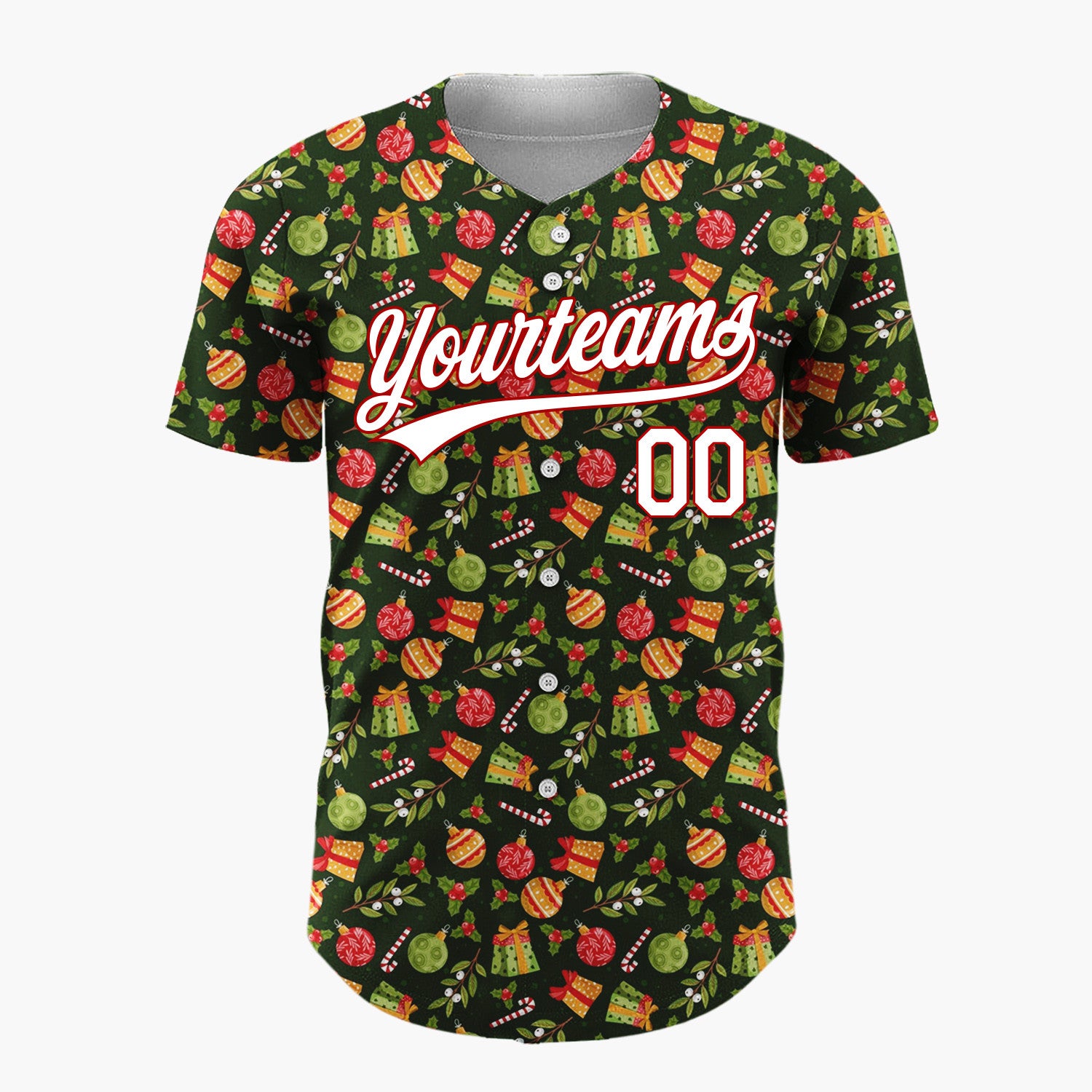 Custom Dark Green Orange Gifts Ornaments And Holly Leaves Classic Christmas Baseball Jersey