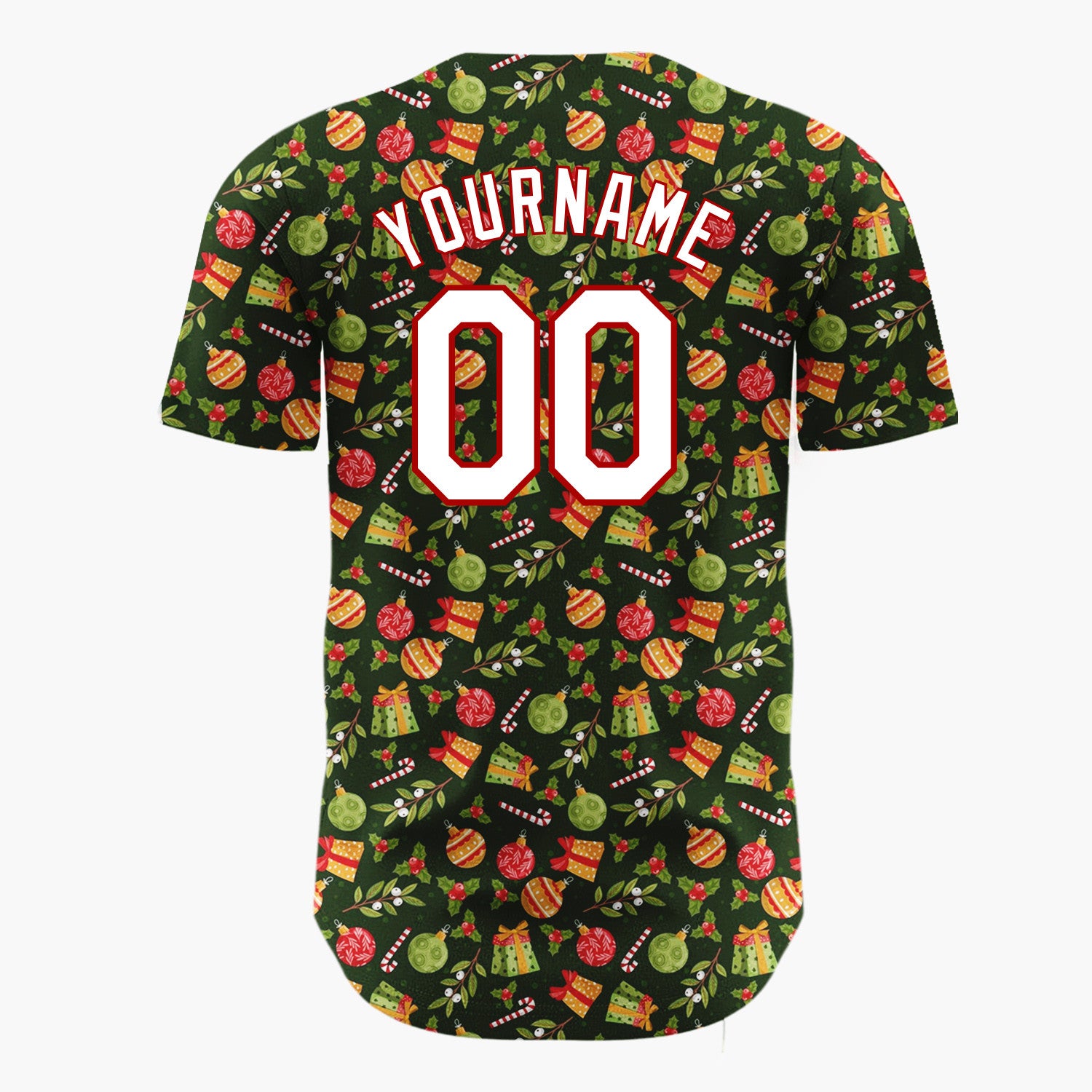 Custom Dark Green Orange Gifts Ornaments And Holly Leaves Classic Christmas Baseball Jersey