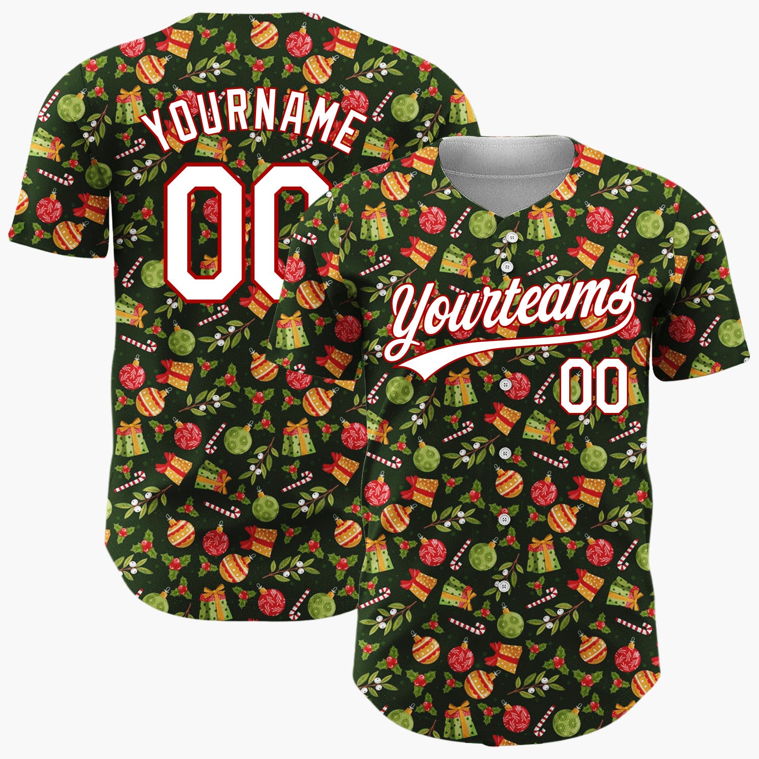 Custom Dark Green Orange Gifts Ornaments And Holly Leaves Classic Christmas Baseball Jersey