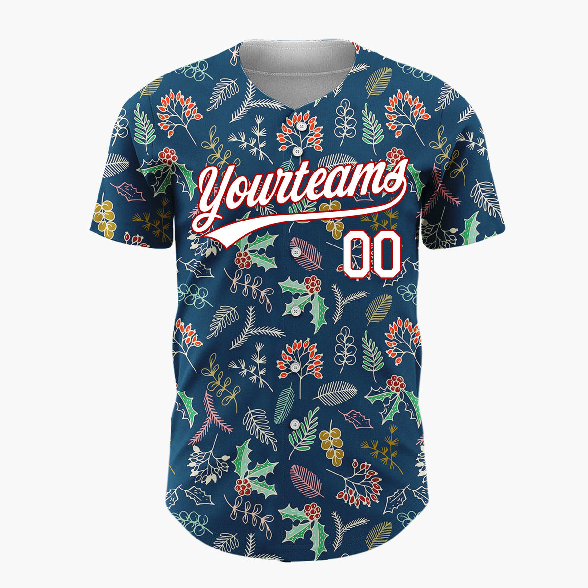 Custom Dark Blue Holly And Winter Foliage Detailed Botanical Pattern Christmas Baseball Jersey