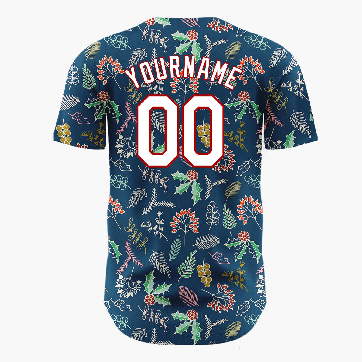 Custom Dark Blue Holly And Winter Foliage Detailed Botanical Pattern Christmas Baseball Jersey