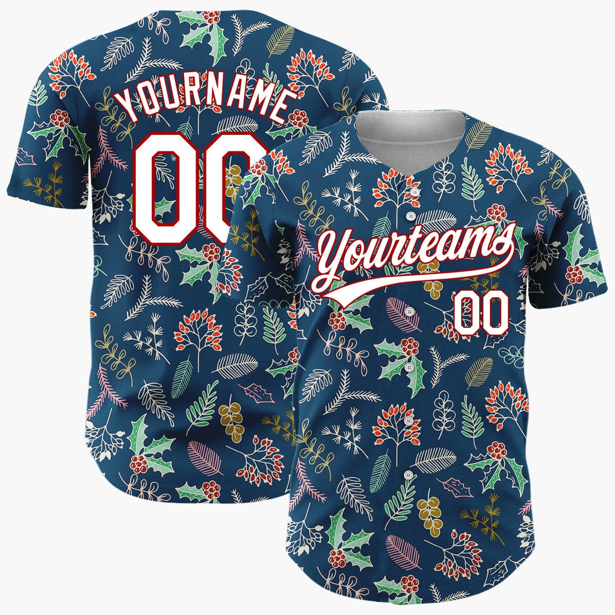 Custom Dark Blue Holly And Winter Foliage Detailed Botanical Pattern Christmas Baseball Jersey