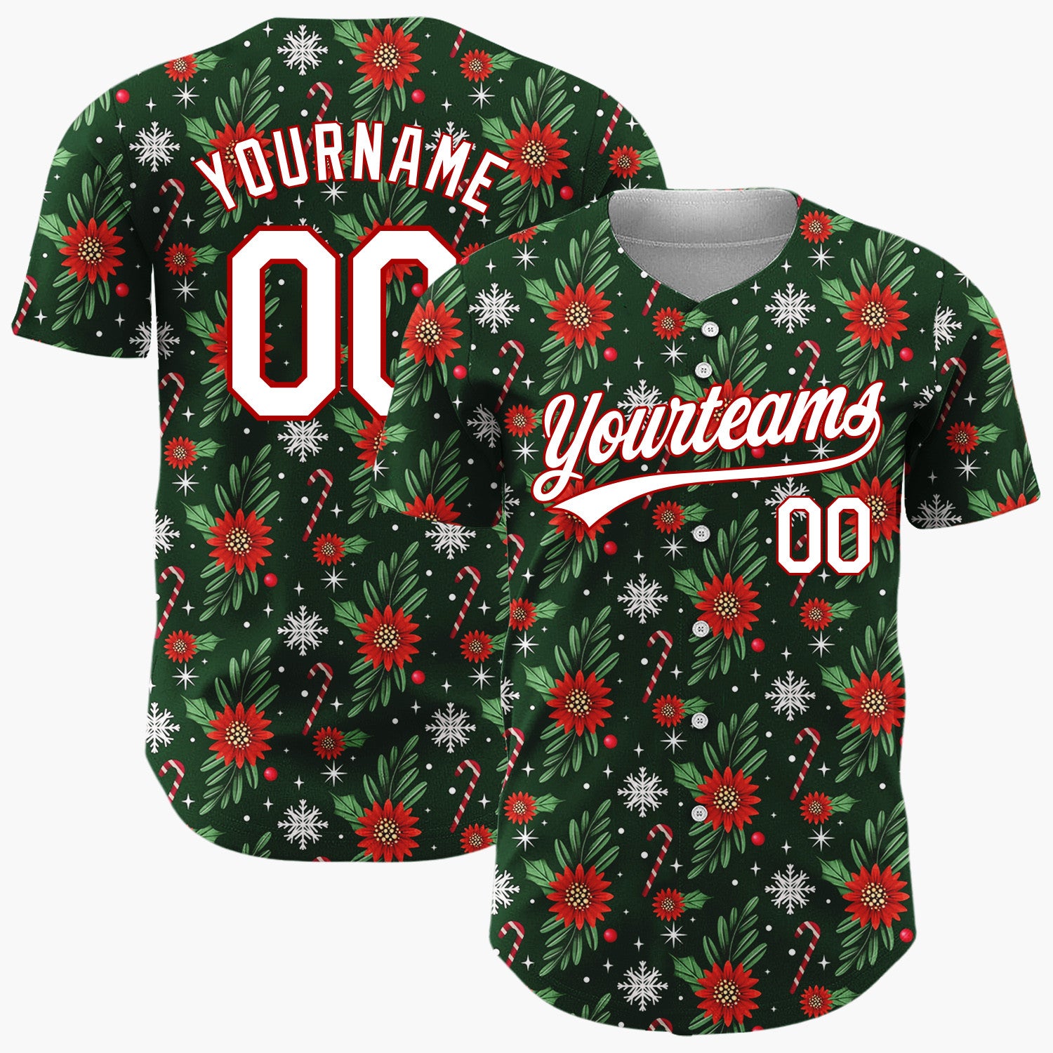 Custom Dark Green Holly Wreath Foliage Cartoon Pattern Christmas Baseball Jersey