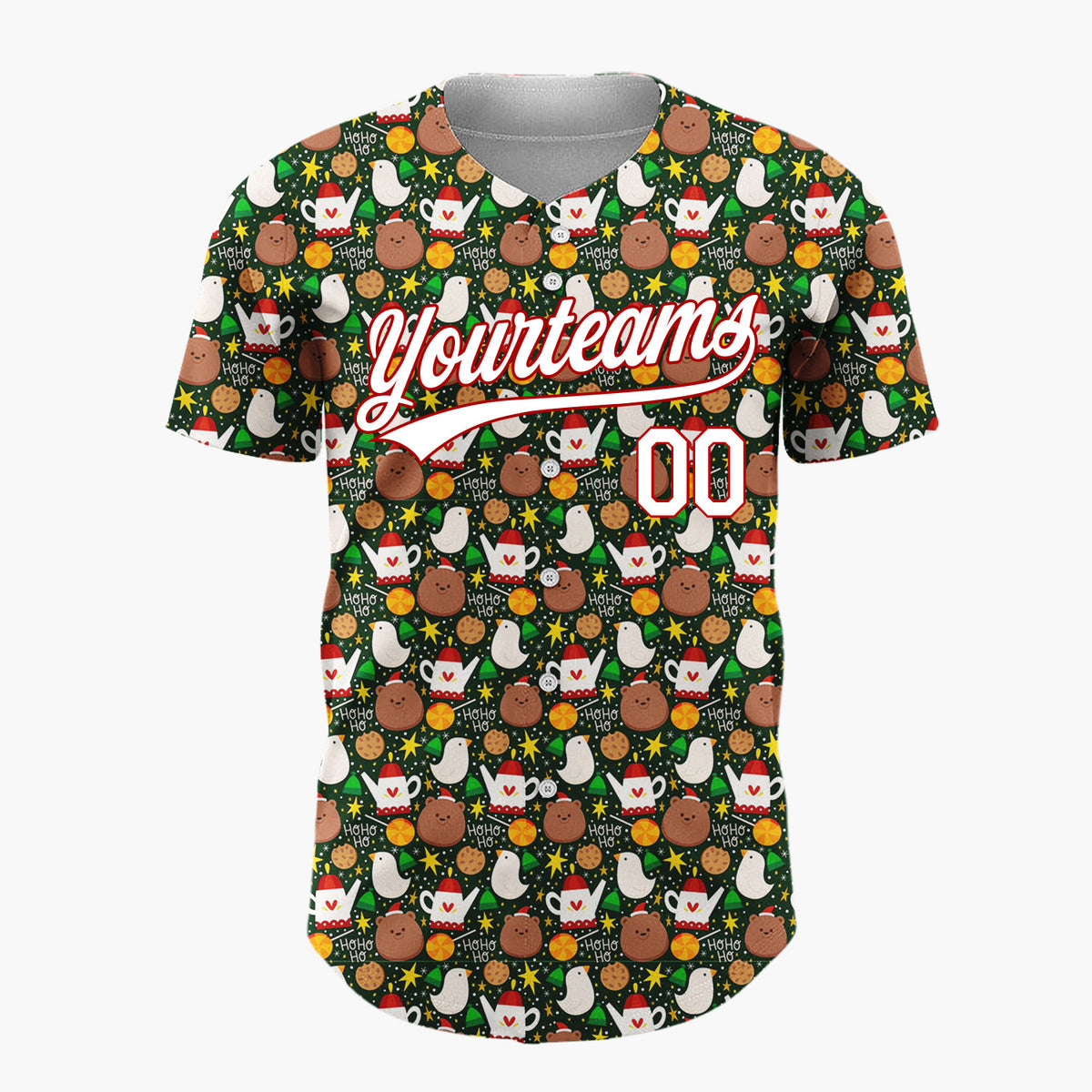 Custom Dark Green Brown Birds Cookies And Teapots Cozy Festive Pattern Christmas Baseball Jersey
