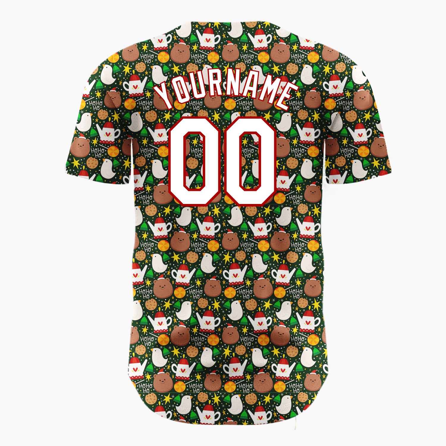 Custom Dark Green Brown Birds Cookies And Teapots Cozy Festive Pattern Christmas Baseball Jersey