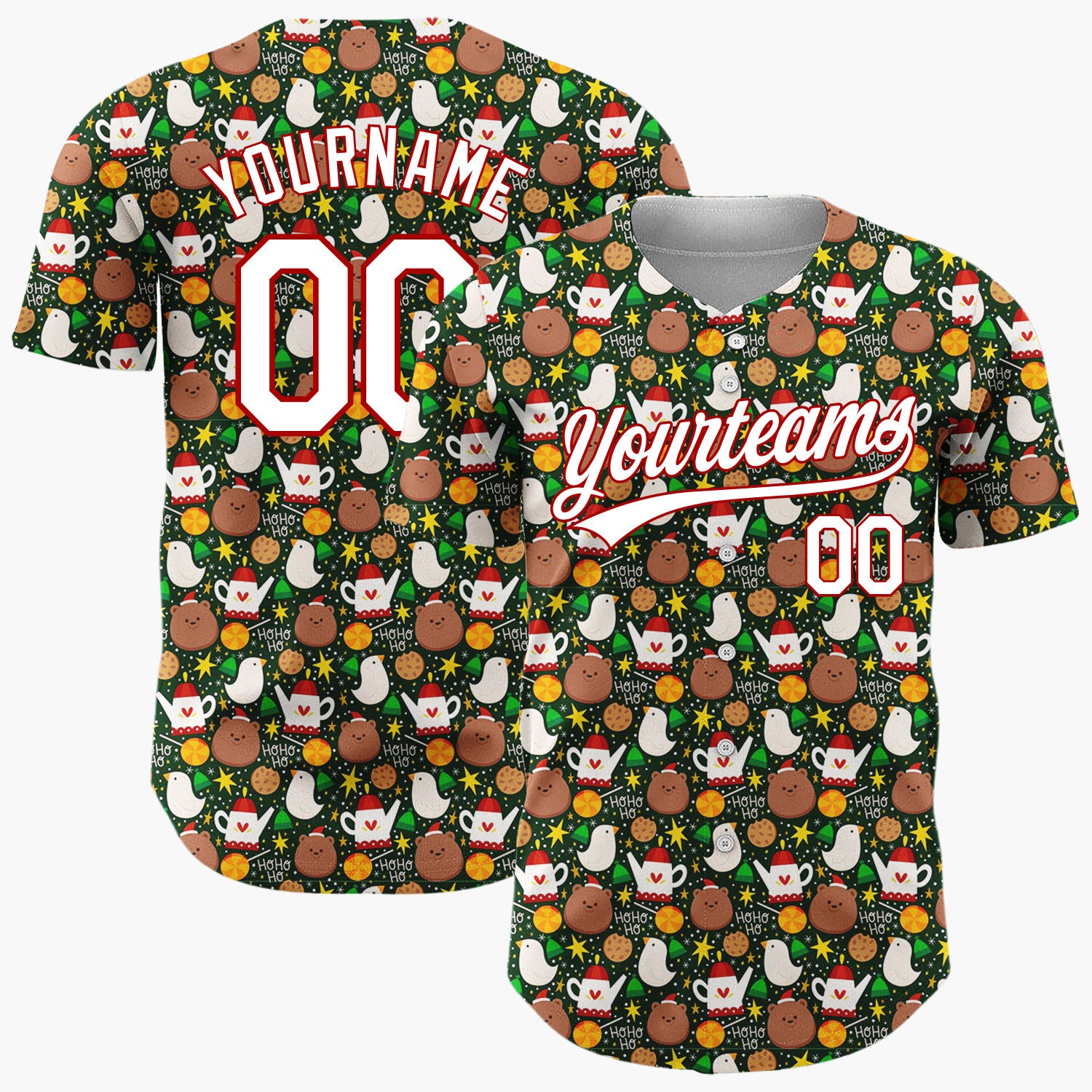 Custom Dark Green Brown Birds Cookies And Teapots Cozy Festive Pattern Christmas Baseball Jersey