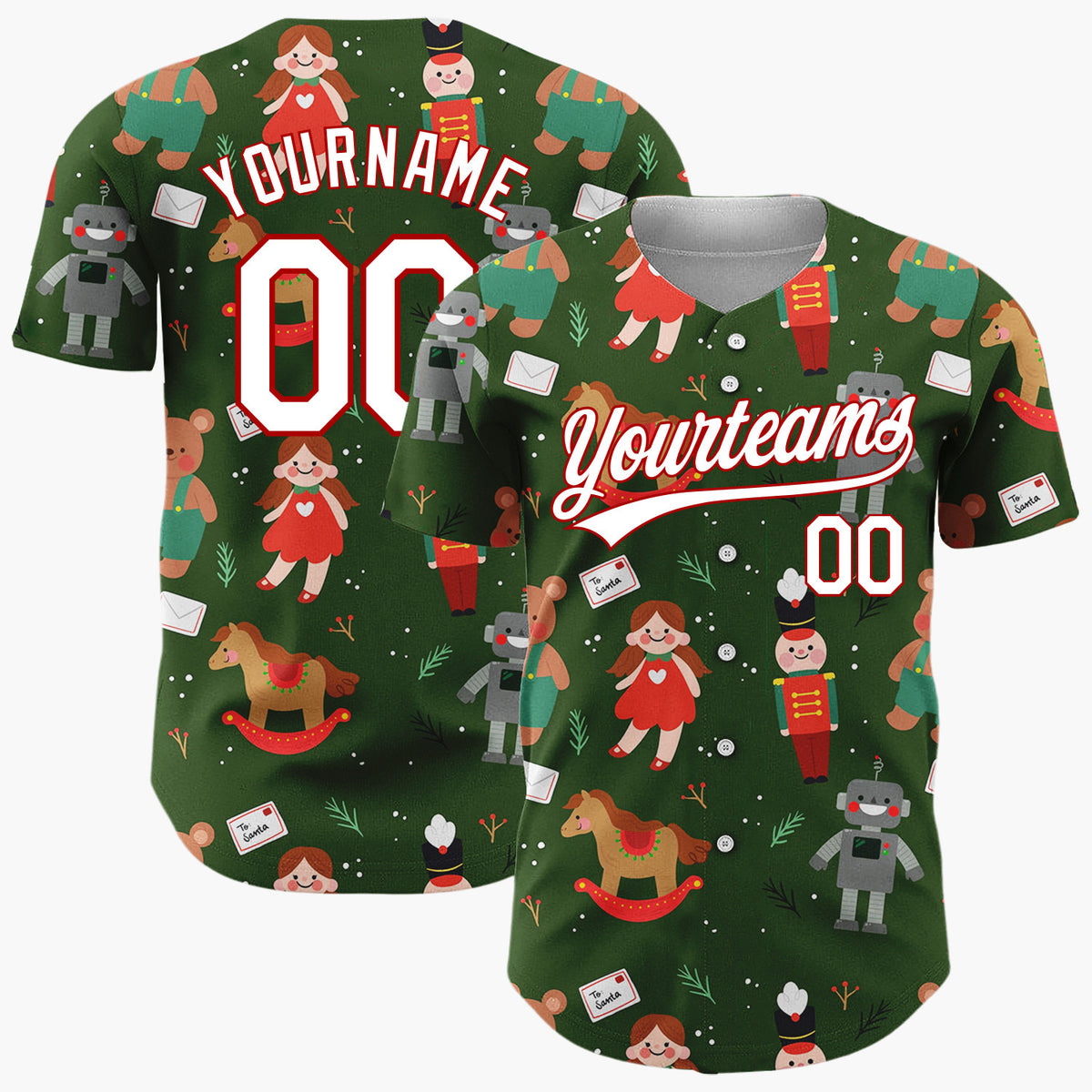 Custom Dark Green Dolls Bears And Nutcrackers Vintage Toy Christmas Baseball Jersey
