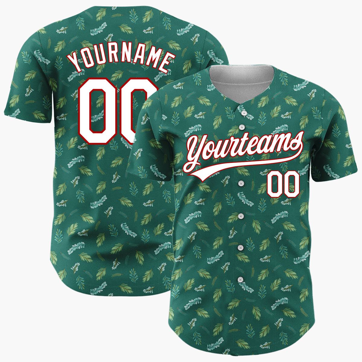 Custom Dark Green Pine And Foliage Christmas Botanical Pattern Christmas Baseball Jersey