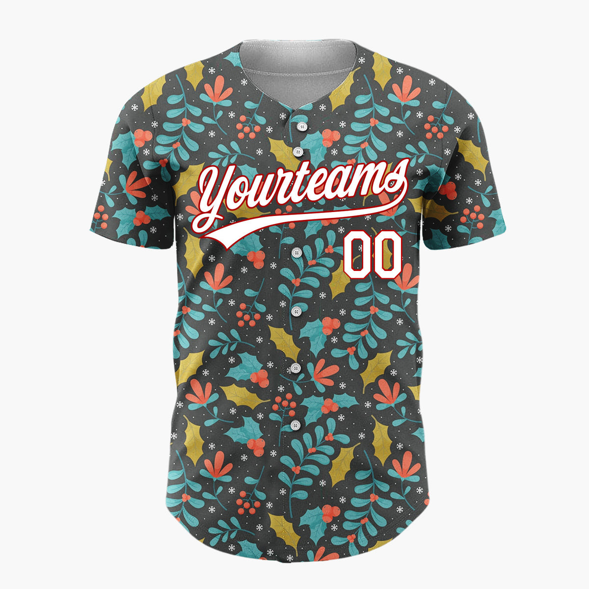 Custom Dark Gray Leaves And Berries Festive Floral Pattern Christmas Baseball Jersey