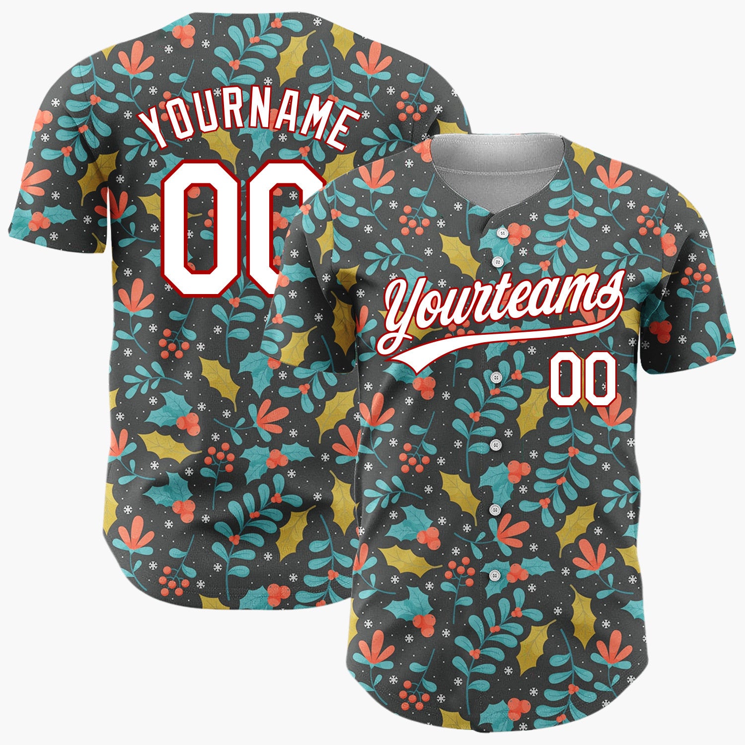 Custom Dark Gray Leaves And Berries Festive Floral Pattern Christmas Baseball Jersey