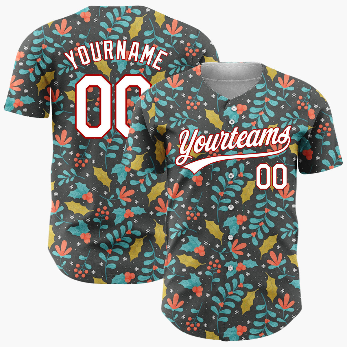Custom Dark Gray Leaves And Berries Festive Floral Pattern Christmas Baseball Jersey