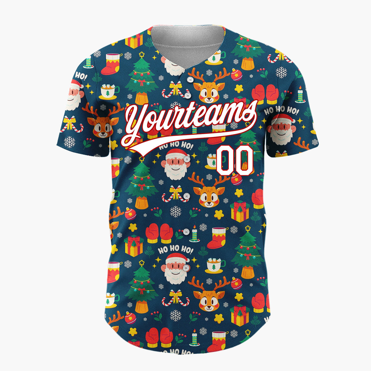 Custom Dark Blue Santa Reindeer Cartoon Pattern Christmas Baseball Jersey