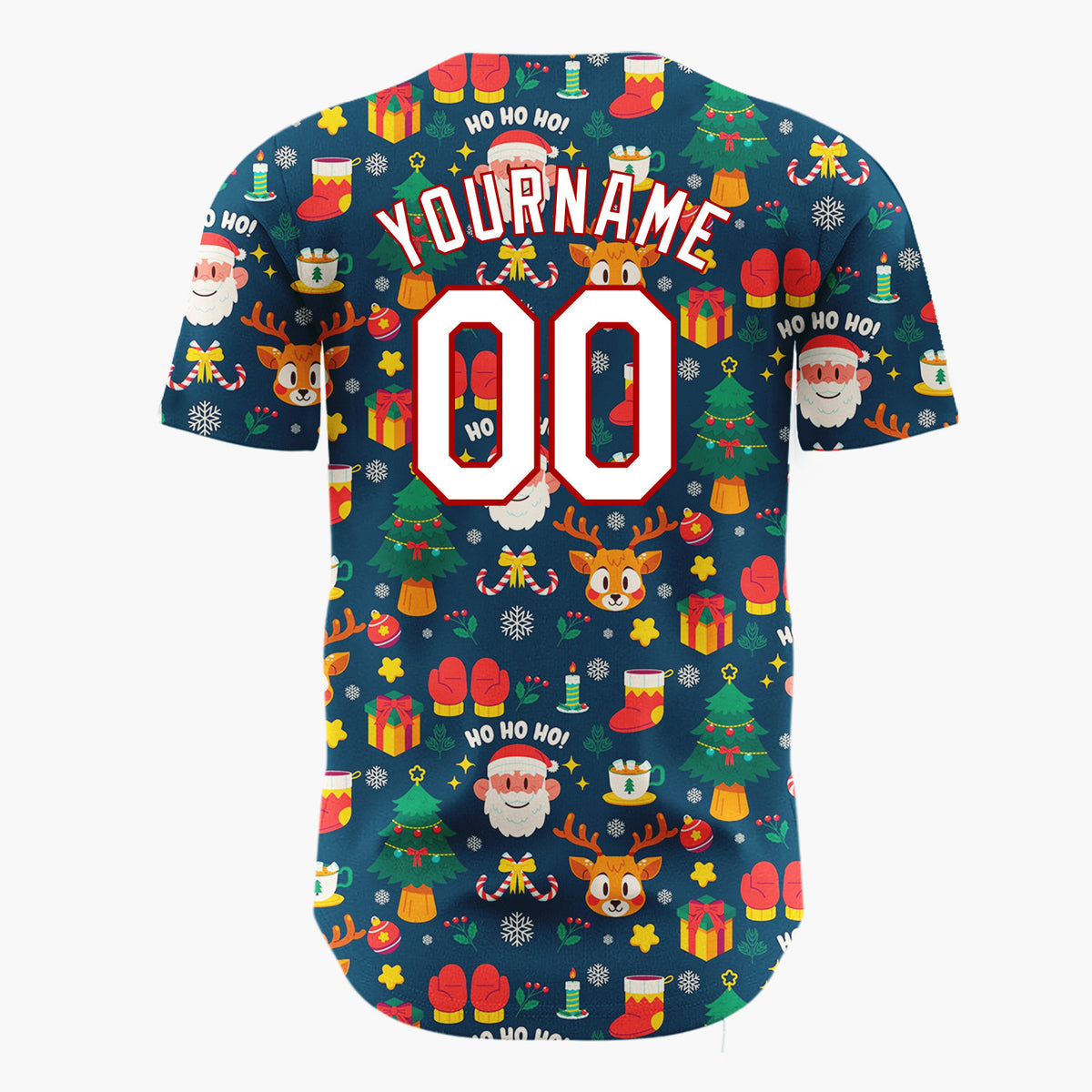 Custom Dark Blue Santa Reindeer Cartoon Pattern Christmas Baseball Jersey