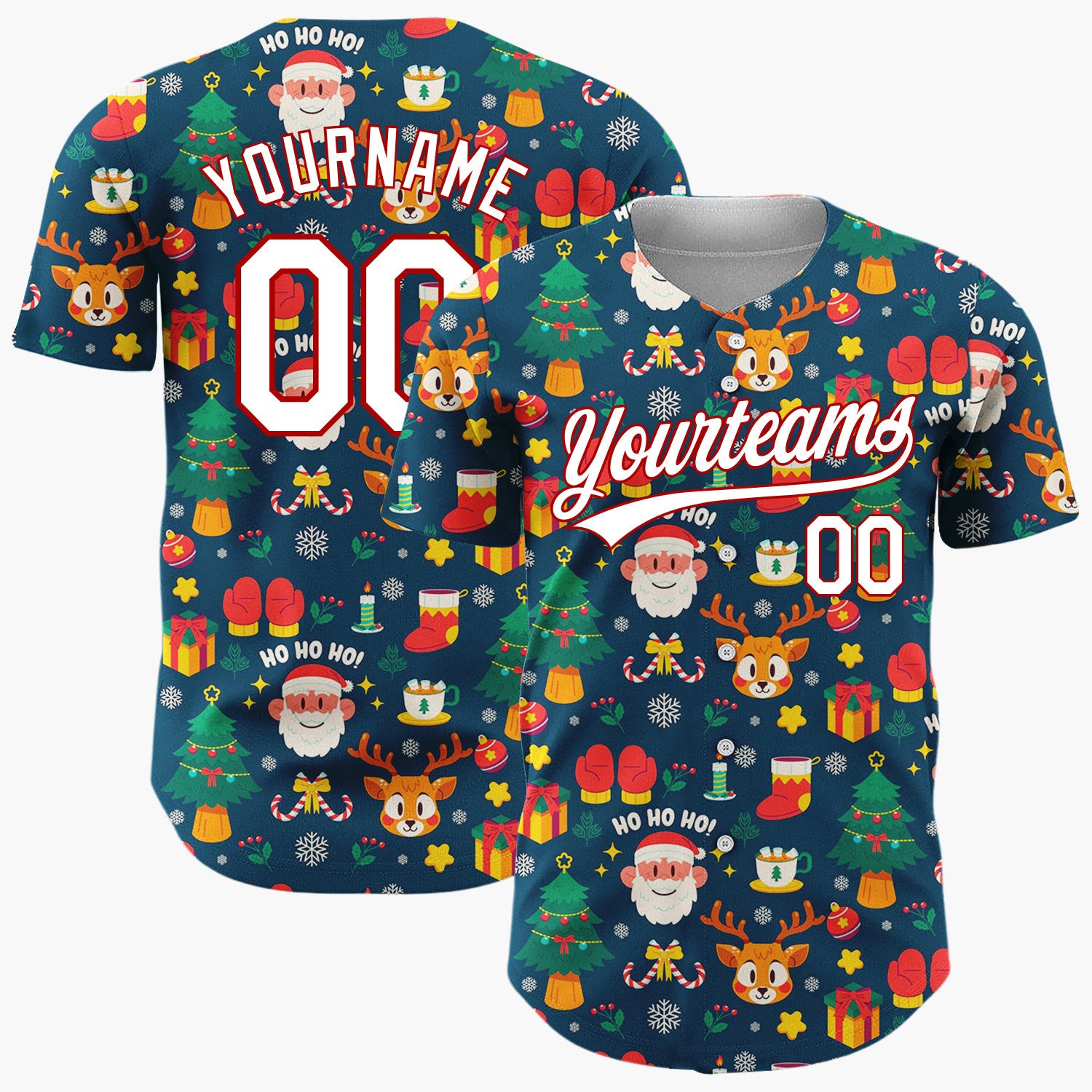 Custom Dark Blue Santa Reindeer Cartoon Pattern Christmas Baseball Jersey