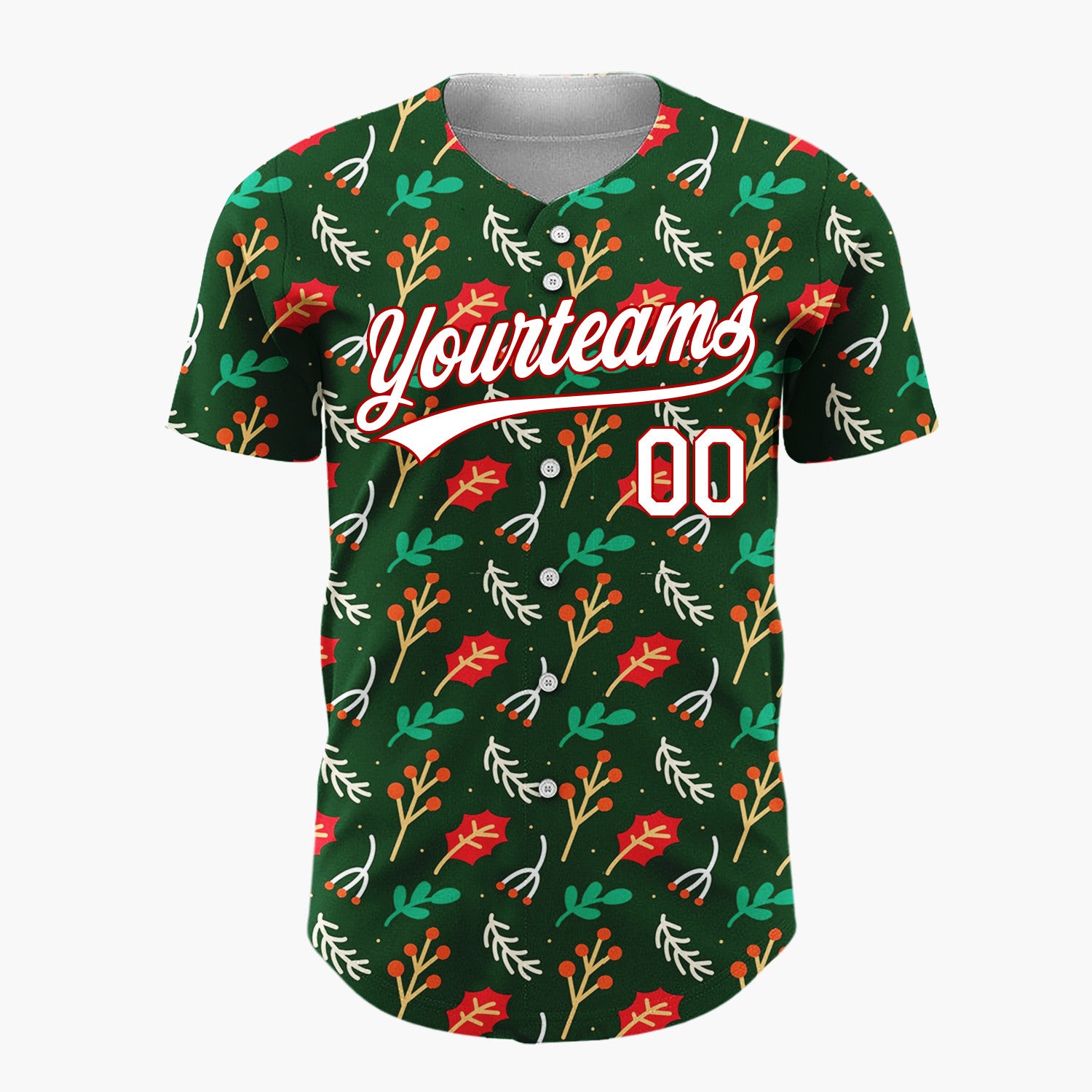 Custom Dark Green Holly Berries Leaves Cartoon Pattern Christmas Baseball Jersey