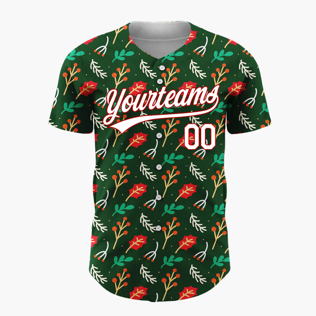 Custom Dark Green Holly Berries Leaves Cartoon Pattern Christmas Baseball Jersey