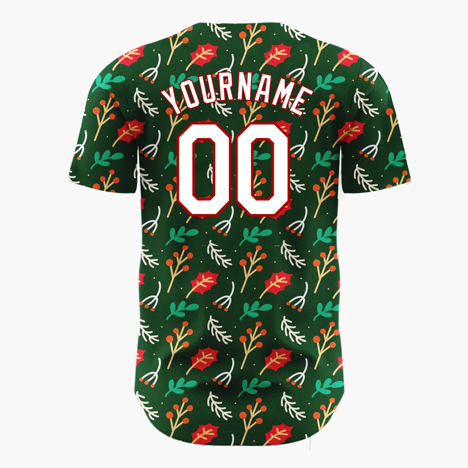 Custom Dark Green Holly Berries Leaves Cartoon Pattern Christmas Baseball Jersey