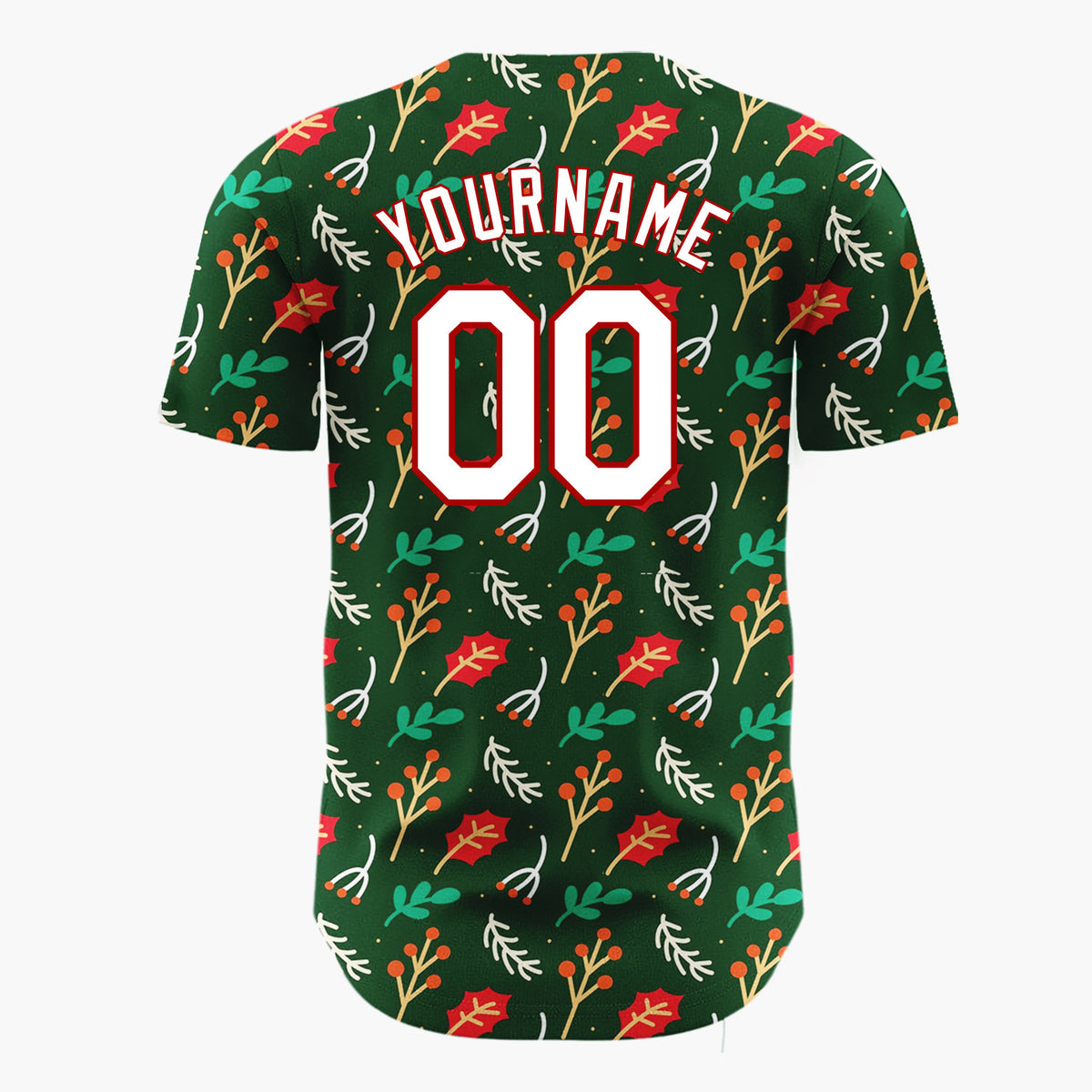 Custom Dark Green Holly Berries Leaves Cartoon Pattern Christmas Baseball Jersey