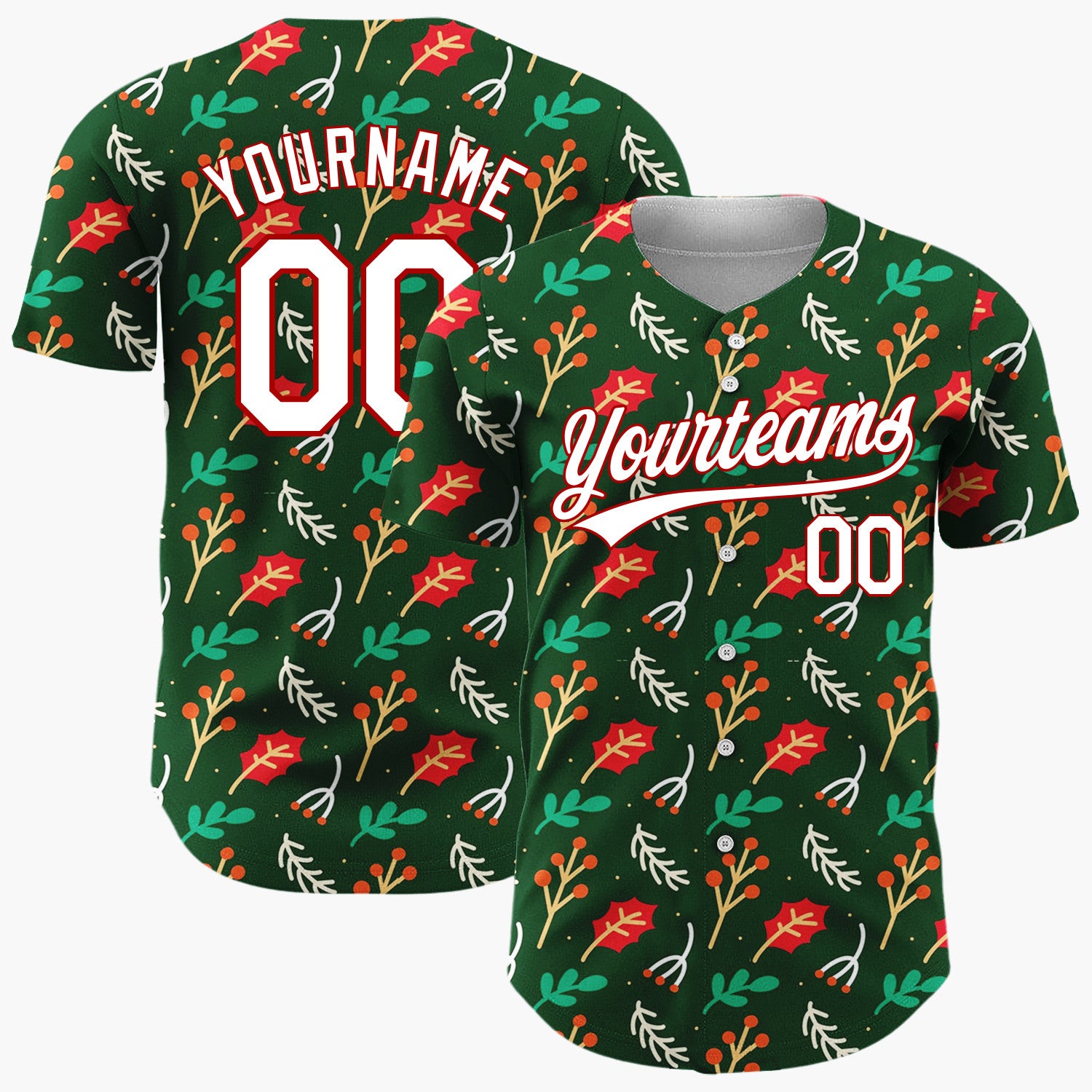 Custom Dark Green Holly Berries Leaves Cartoon Pattern Christmas Baseball Jersey