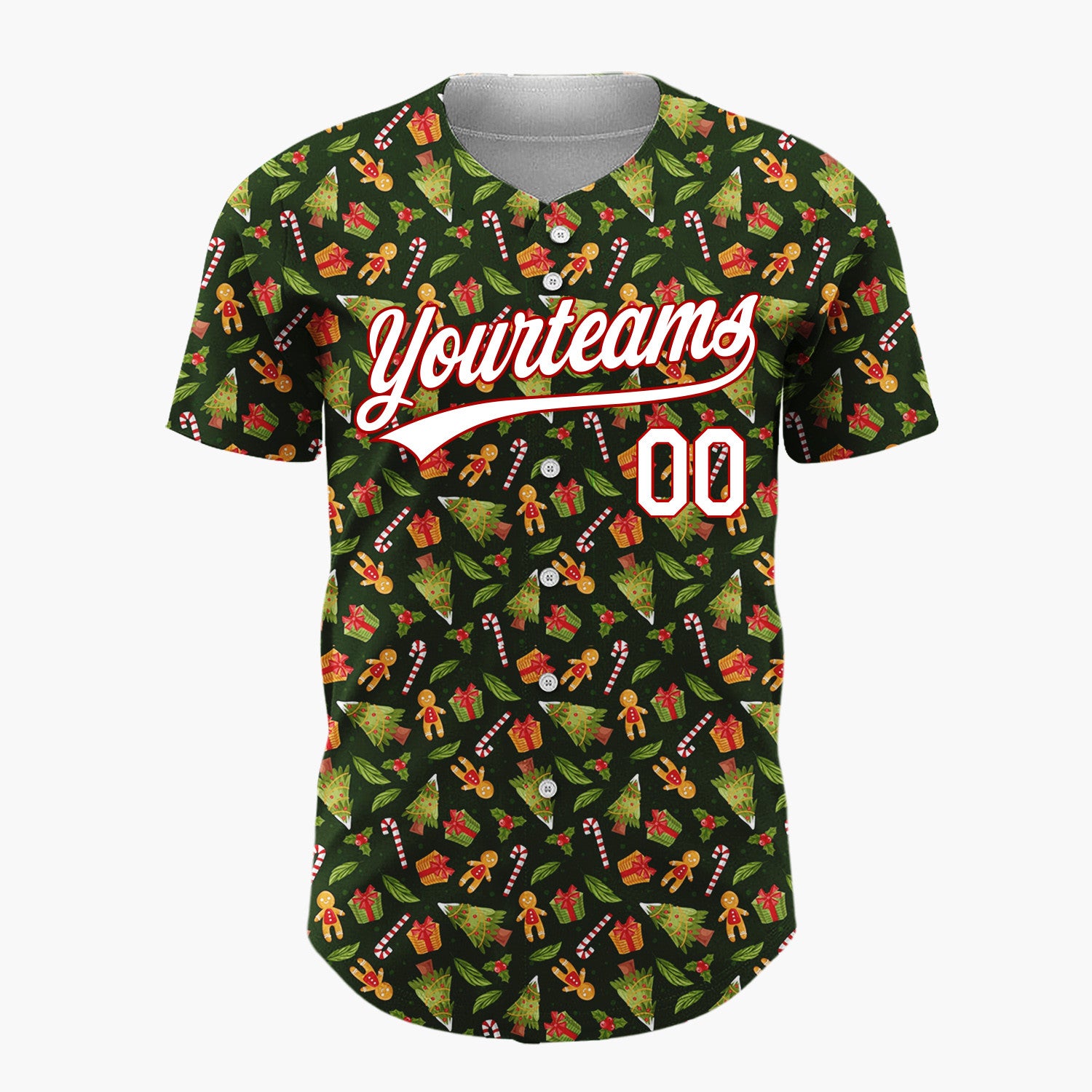 Custom Dark Green Christmas Tree And Gift Cartoon Pattern Christmas Baseball Jersey