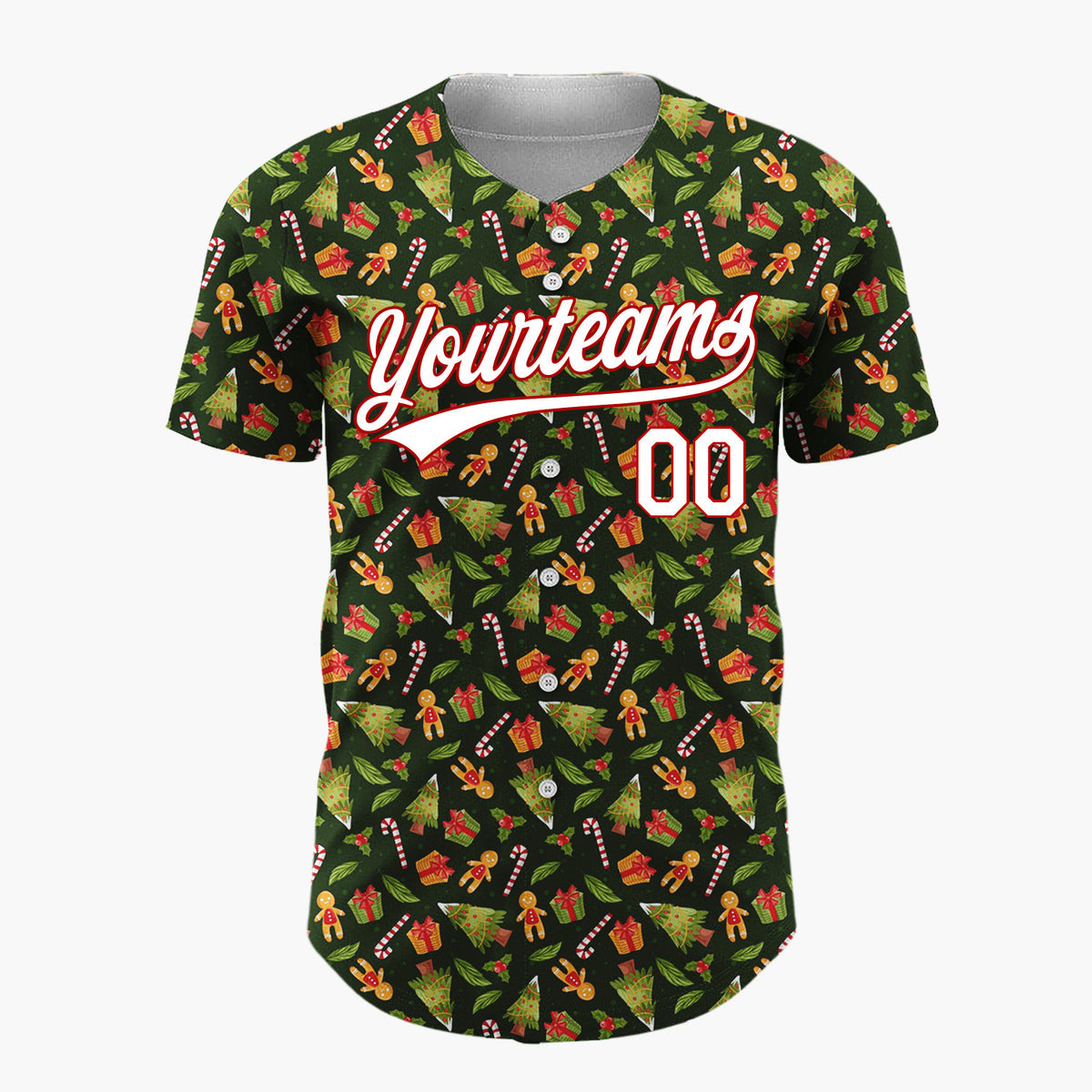 Custom Dark Green Christmas Tree And Gift Cartoon Pattern Christmas Baseball Jersey