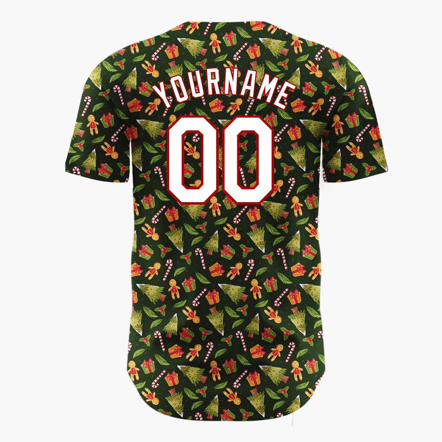 Custom Dark Green Christmas Tree And Gift Cartoon Pattern Christmas Baseball Jersey