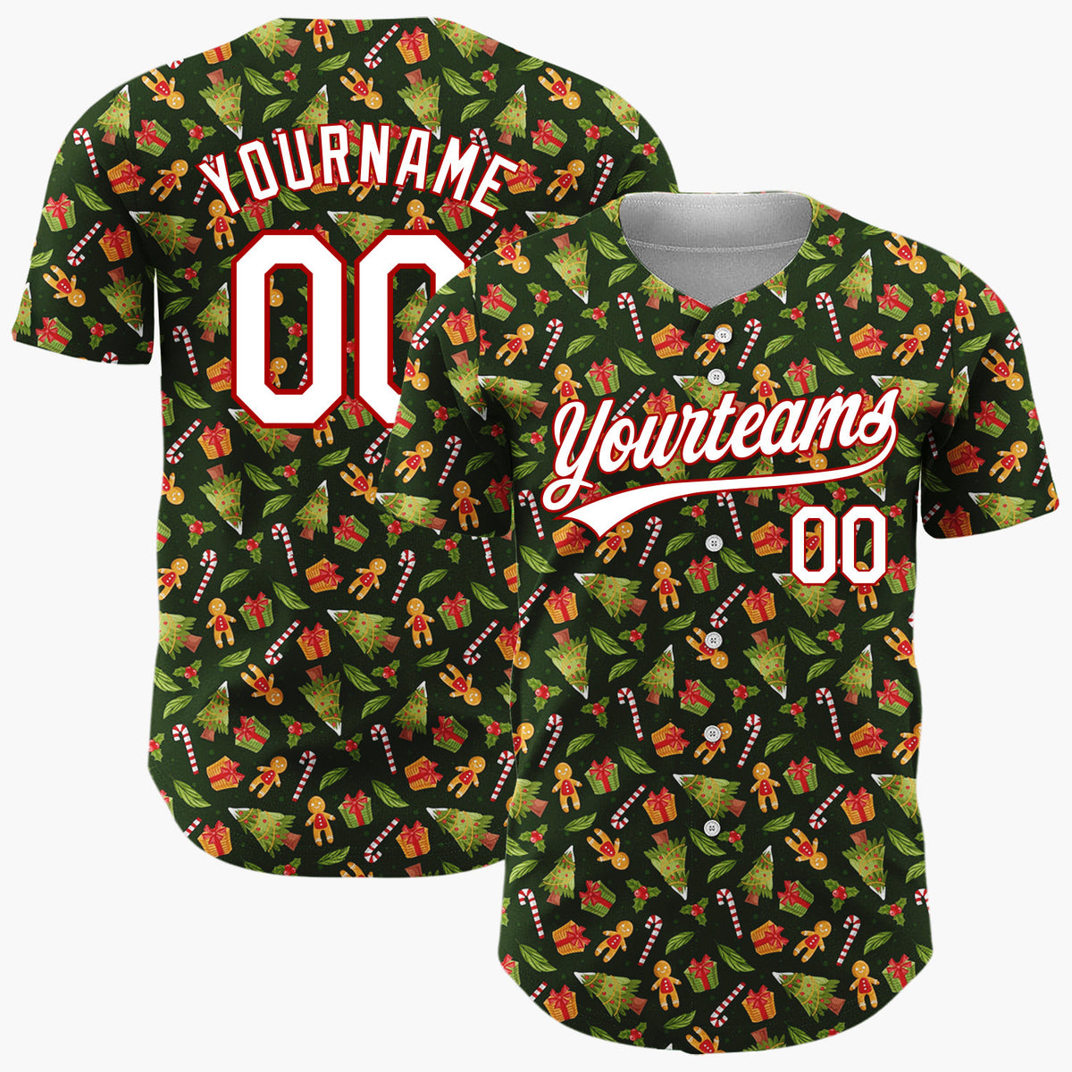 Custom Dark Green Christmas Tree And Gift Cartoon Pattern Christmas Baseball Jersey
