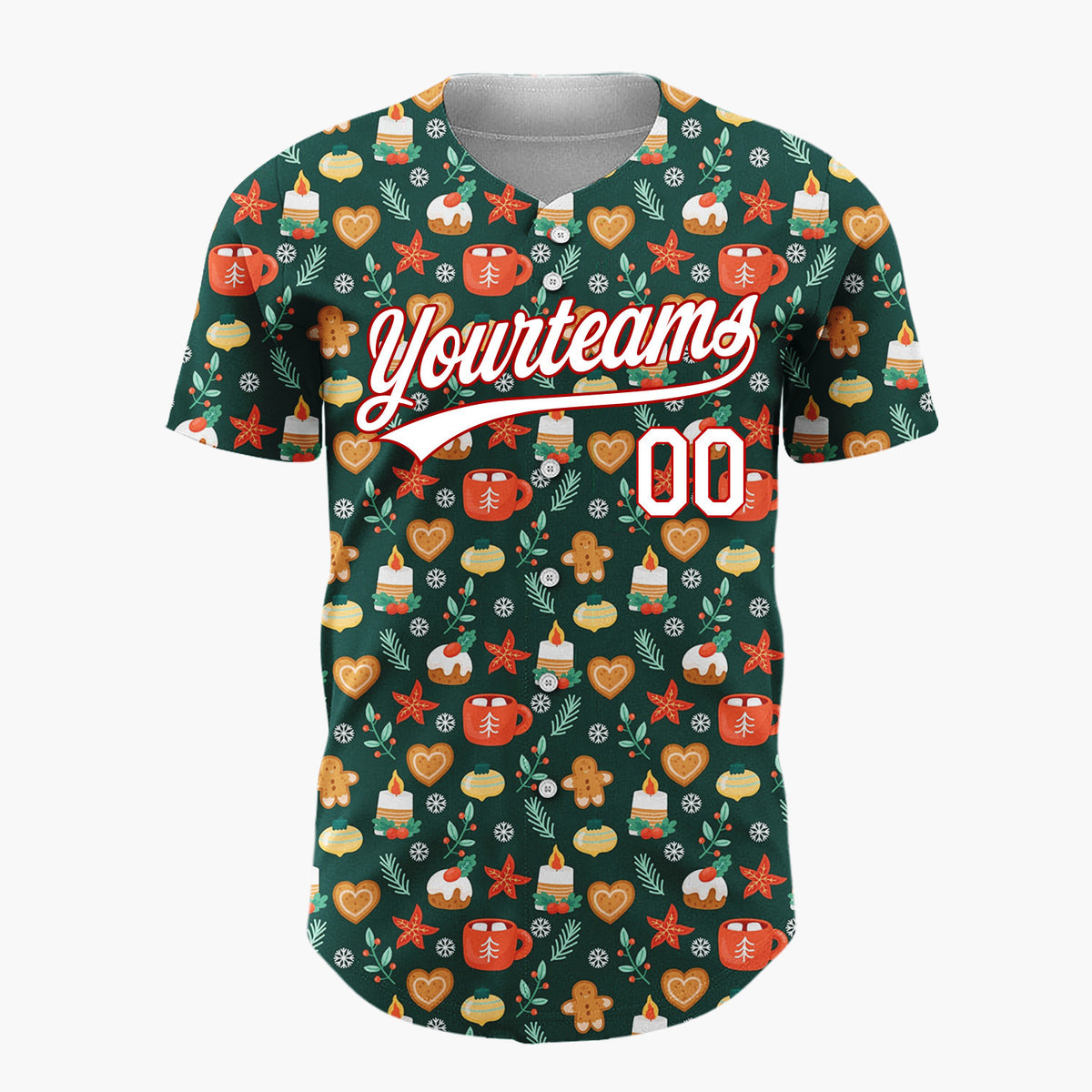 Custom Dark Green Holly Berries Abstract Doodles Abstract Pattern Christmas Baseball Jersey