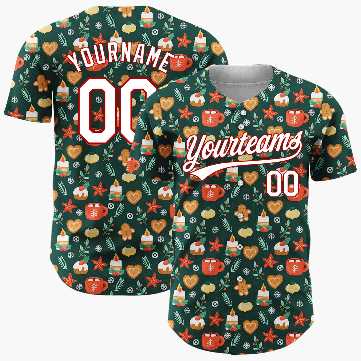 Custom Dark Green Holly Berries Abstract Doodles Abstract Pattern Christmas Baseball Jersey