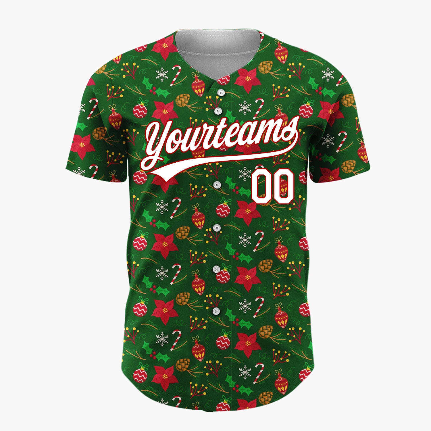 Custom Dark Green Holly Berries Classic Cartoon Pattern Christmas Baseball Jersey