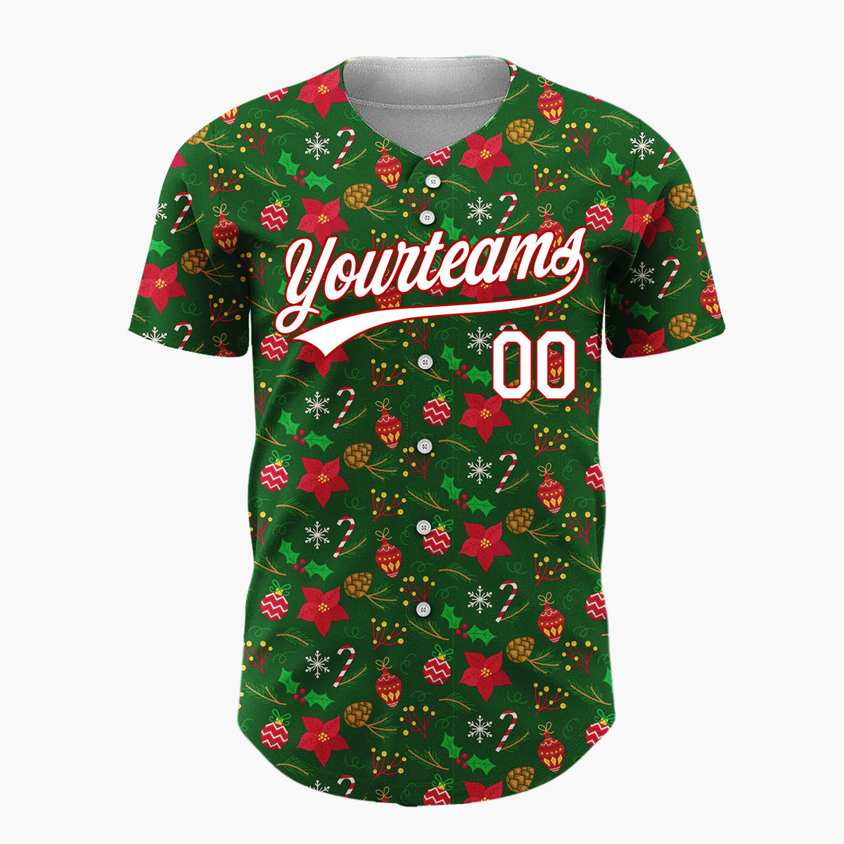 Custom Dark Green Holly Berries Classic Cartoon Pattern Christmas Baseball Jersey