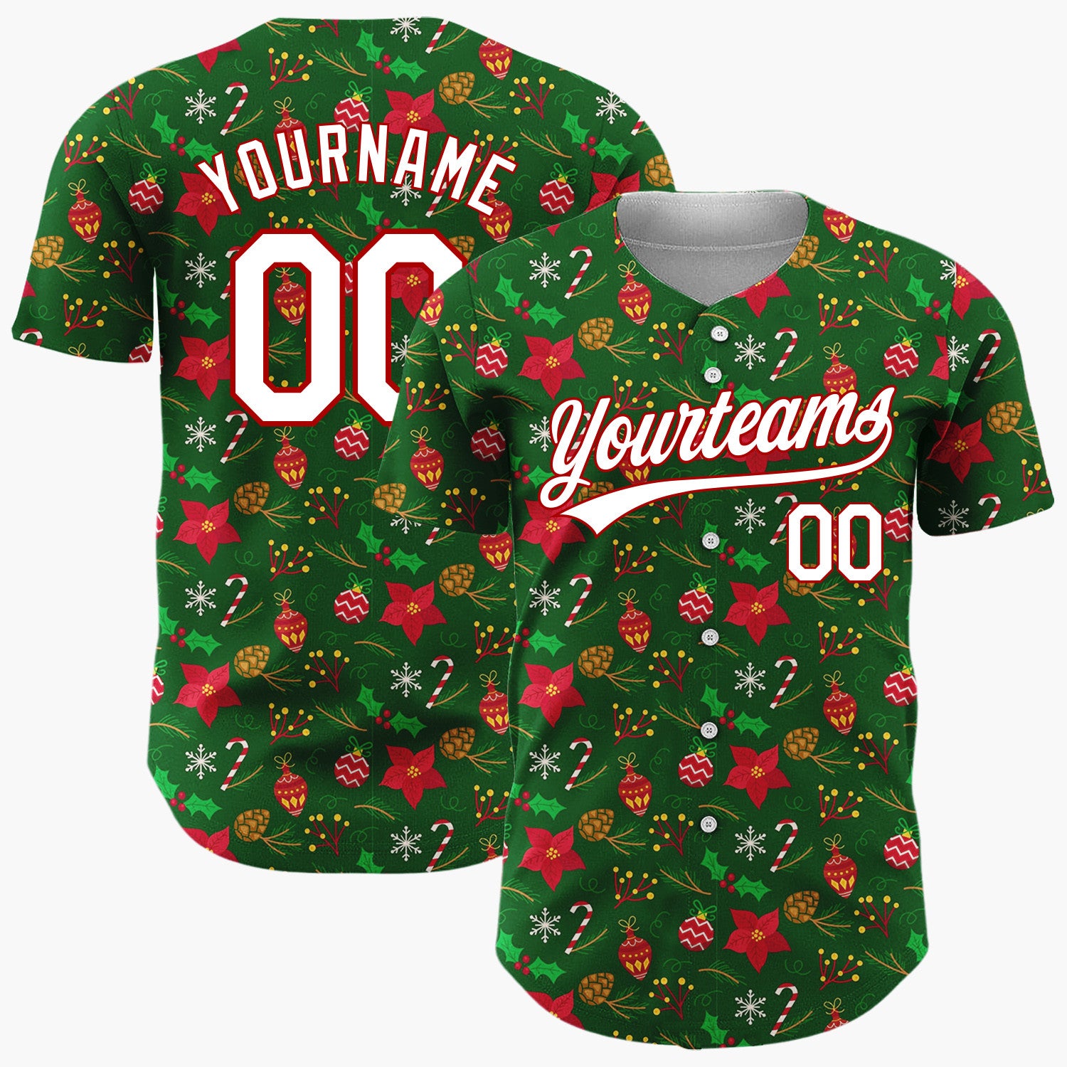 Custom Dark Green Holly Berries Classic Cartoon Pattern Christmas Baseball Jersey