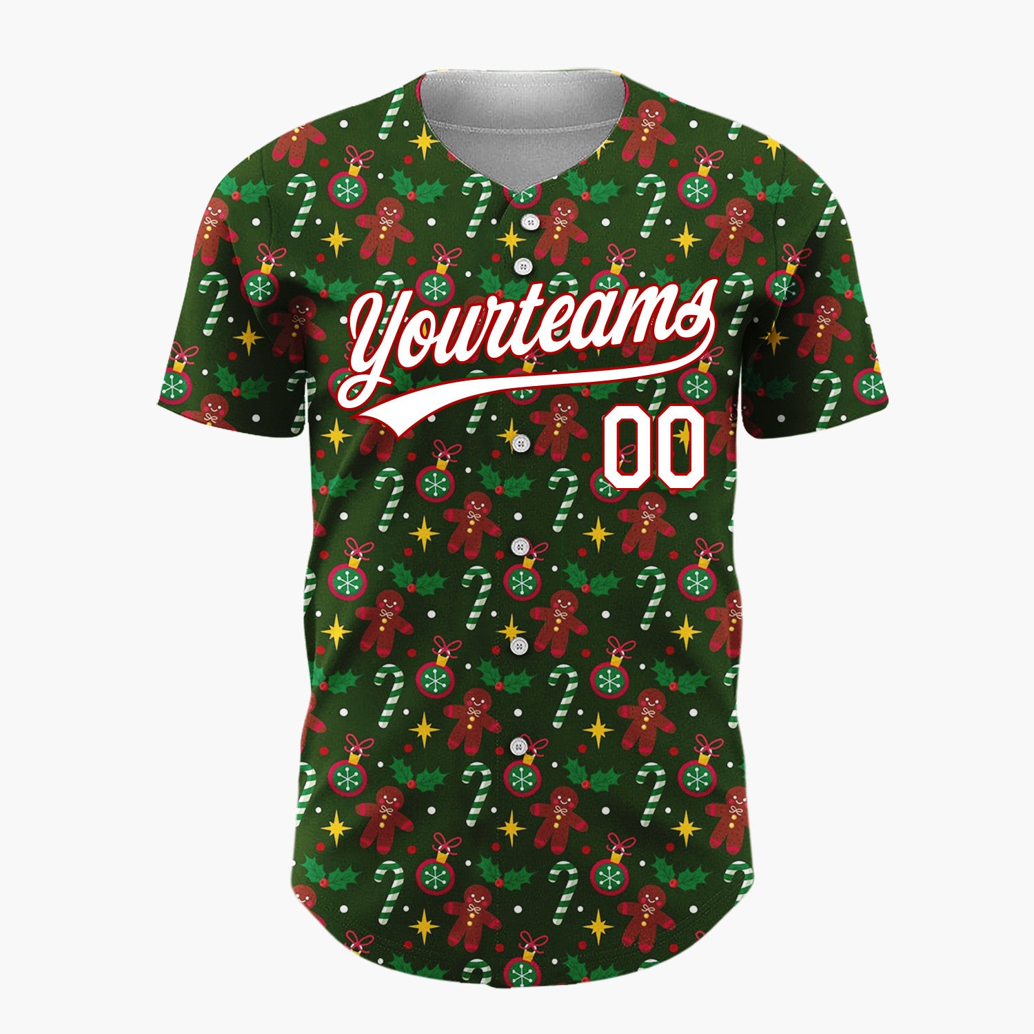 Custom Dark Green Brown Gingerbread Candy Canes And Stars Festive Christmas Baseball Jersey