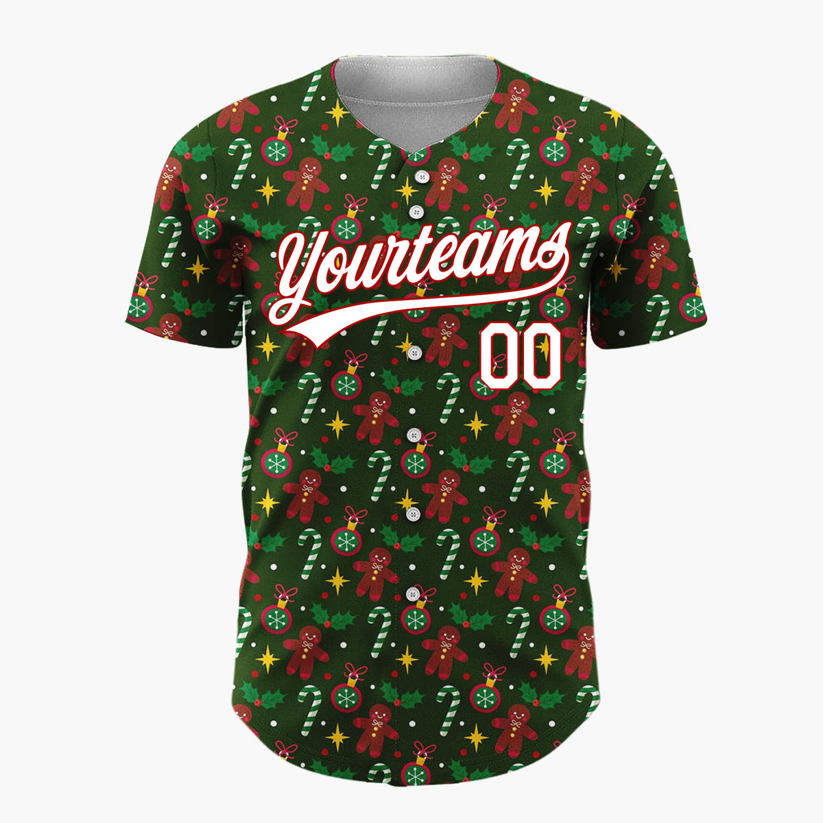 Custom Dark Green Brown Gingerbread Candy Canes And Stars Festive Christmas Baseball Jersey
