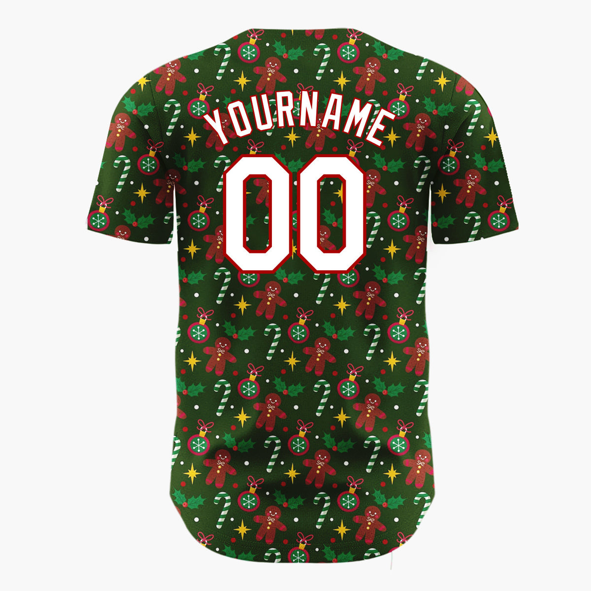Custom Dark Green Brown Gingerbread Candy Canes And Stars Festive Christmas Baseball Jersey