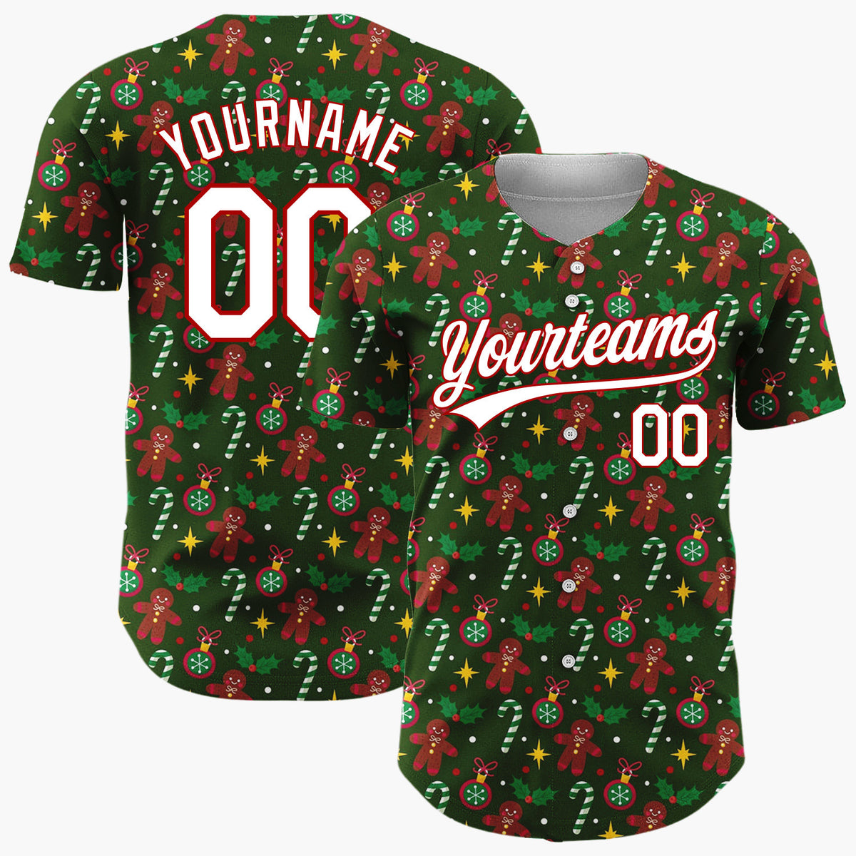 Custom Dark Green Brown Gingerbread Candy Canes And Stars Festive Christmas Baseball Jersey