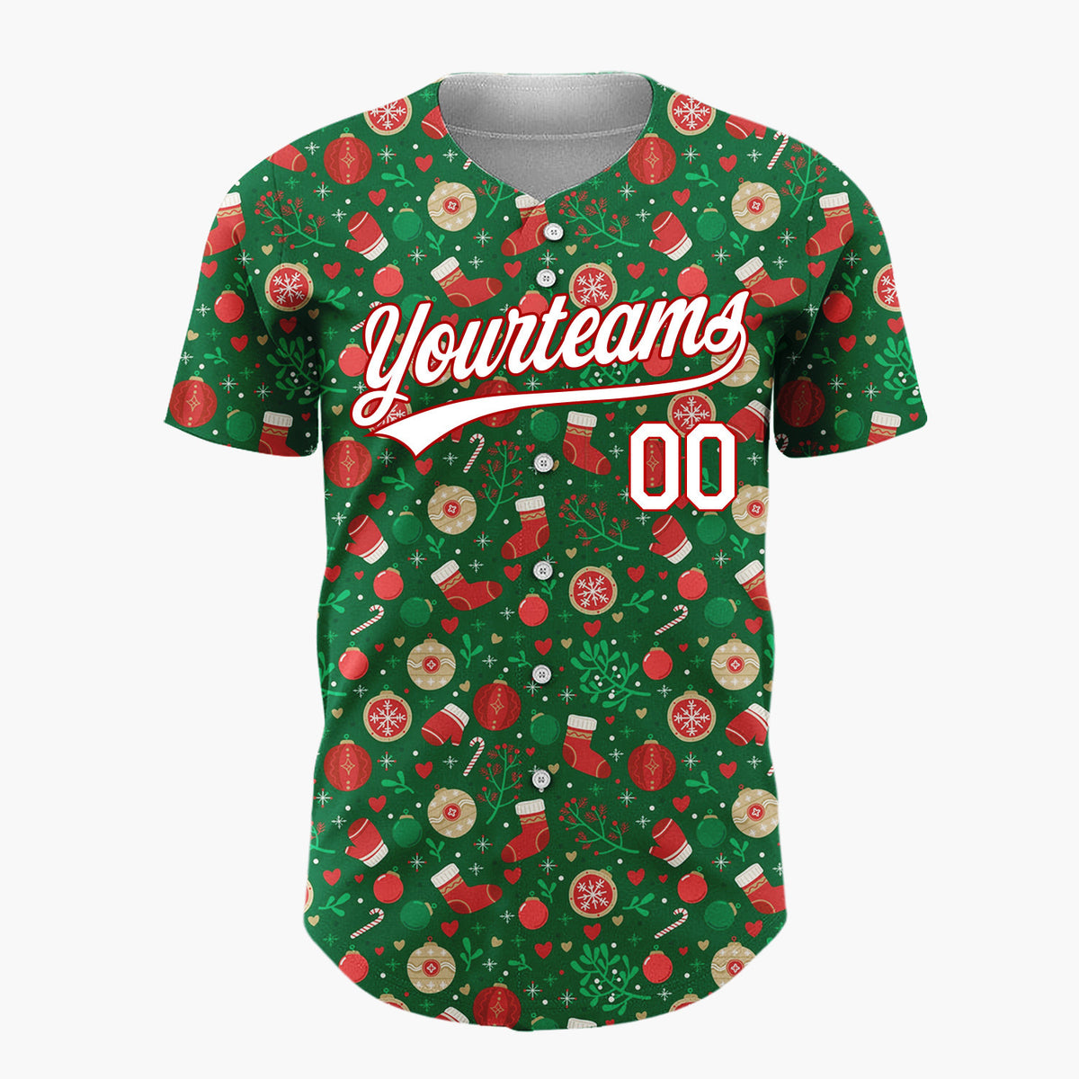 Custom Dark Green Holly Berries Festive Doodles Cartoon Pattern Christmas Baseball Jersey